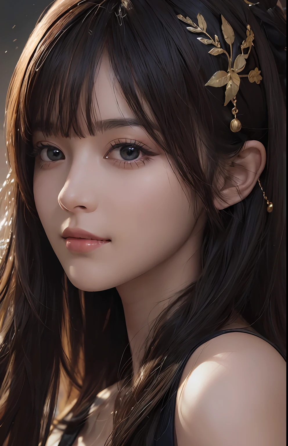 (Ultra Realistic), (Illustration), (Increased Resolution), (8K), (Extremely Detailed), (Best Illustration), (Beautiful and Detailed Eyes), (Best Quality), (Ultra Detailed), (Masterpiece ), ( wallpaper), (detailed face), solo, 1 girl, looking at viewer, fine details, detailed face, in the dark, deep shadows, low key, pureerosfaceace_v1, smiling, long hair, black shawl straight hair , 46 points oblique bangs