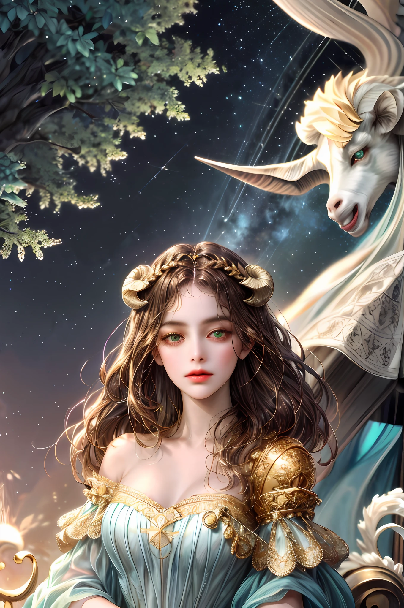 ( High quality , ultra detailed, careful with hand )Zodiac - Capricorn goddess , similar to latin goodness . Self-disciplined, persevering, stoic, determined, serious face . Hard-hearted, inflexible, pessimistic style . Dark green eyes (eyes detail) , deep golden-brown hair , transparent dress , in the ocean with trees in night , whole body , make up look , goat goddess . Ruled by god of saturn.