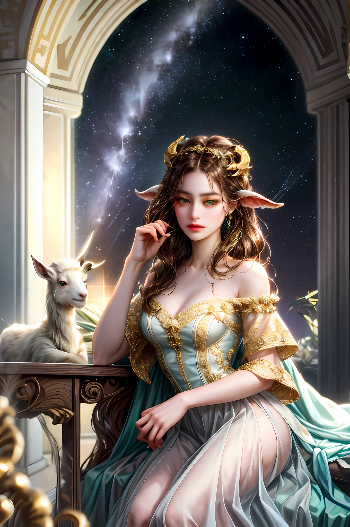 ( High quality , ultra detailed, careful with hand )Zodiac - Capricorn goddess , similar to latin goodness . Self-disciplined, persevering, stoic, determined, serious face . Hard-hearted, inflexible, pessimistic style . Dark green eyes (eyes detail) , deep golden-brown hair , transparent dress , in the ocean with trees in night , whole body , make up look , goat goddess . Ruled by god of saturn.