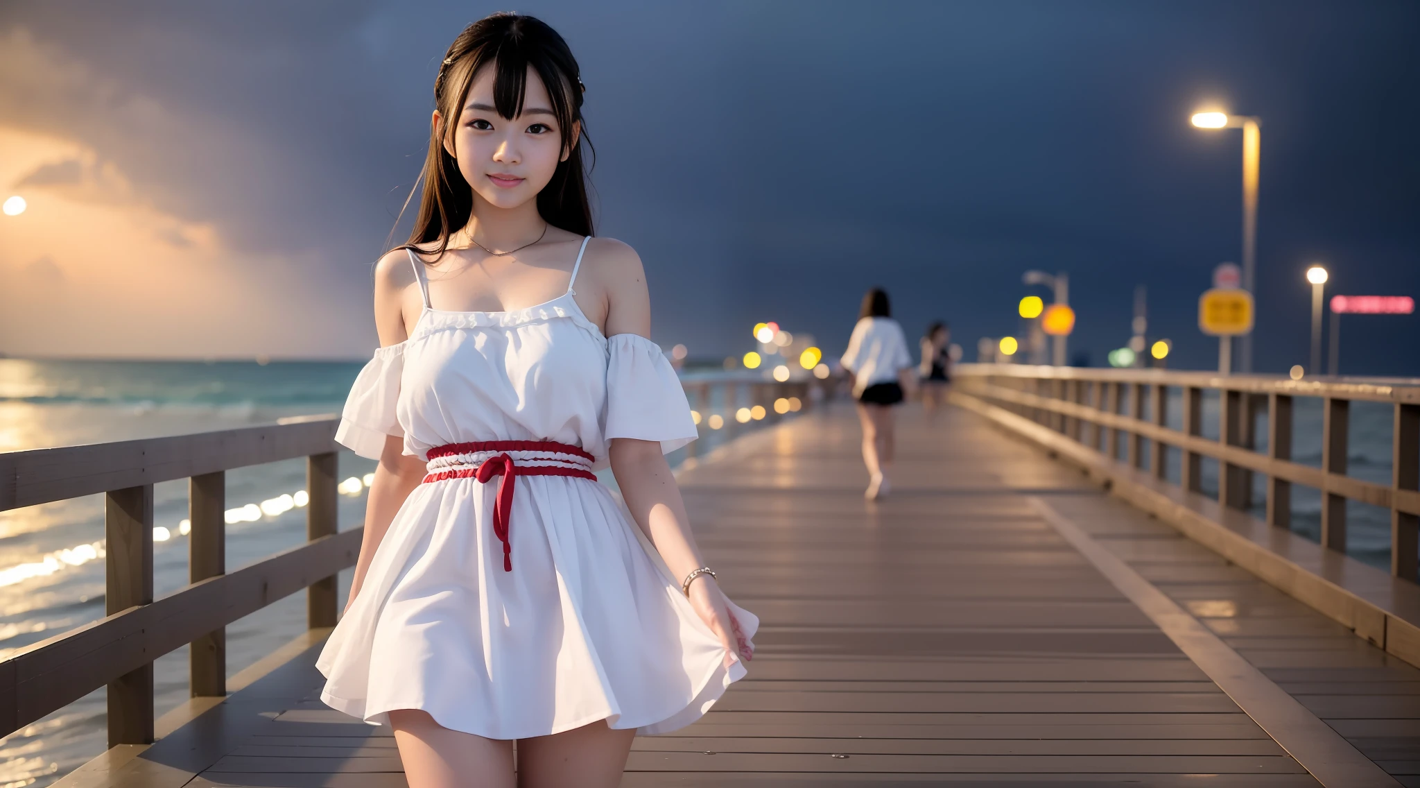 A charming smiling Japanese idol girl is walking on the boardwalk pier during a big storm, huge waves crashing on the pier, Japanese teen girl araring white summer mini - dresses or mini - skirts and getting wet, their faces are visible, photography by Julia Hetta,