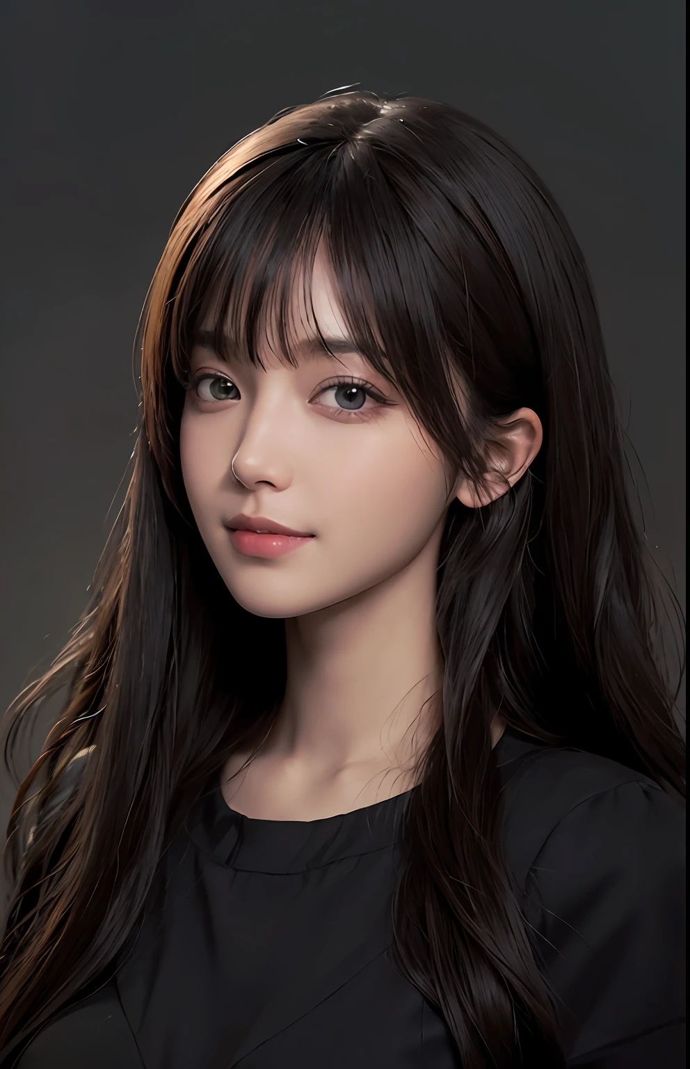 (Ultra Realistic), (Illustration), (Increased Resolution), (8K), (Extremely Detailed), (Best Illustration), (Beautiful and Detailed Eyes), (Best Quality), (Ultra Detailed), (Masterpiece ), ( wallpaper), (detailed face), solo, 1 girl, looking at viewer, fine details, detailed face, in the dark, deep shadows, low key, pureerosfaceace_v1, smiling, long hair, black shawl straight hair , 46 points oblique bangs