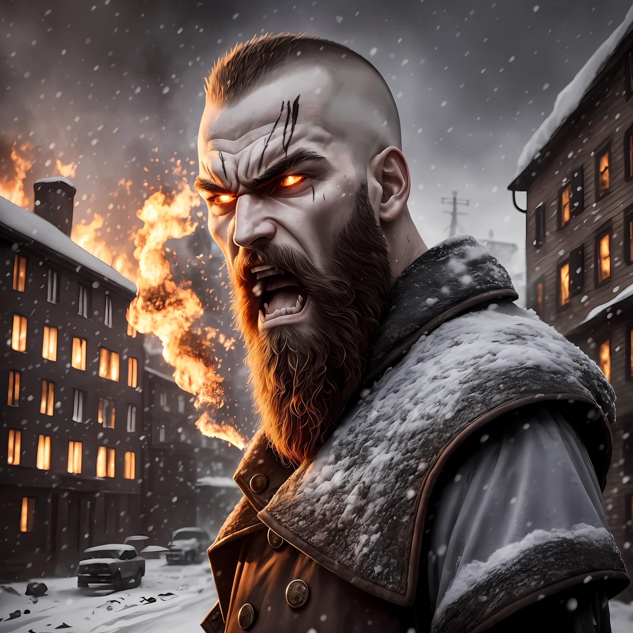 Russian, Young, Tall, Uniform, Shaved Head, Beard, Angry, Screaming
pupilless eyes, on fire, angry, in the snow dark colors, old buildings, apocalyptic powder,Realistic, Full HD, best quality