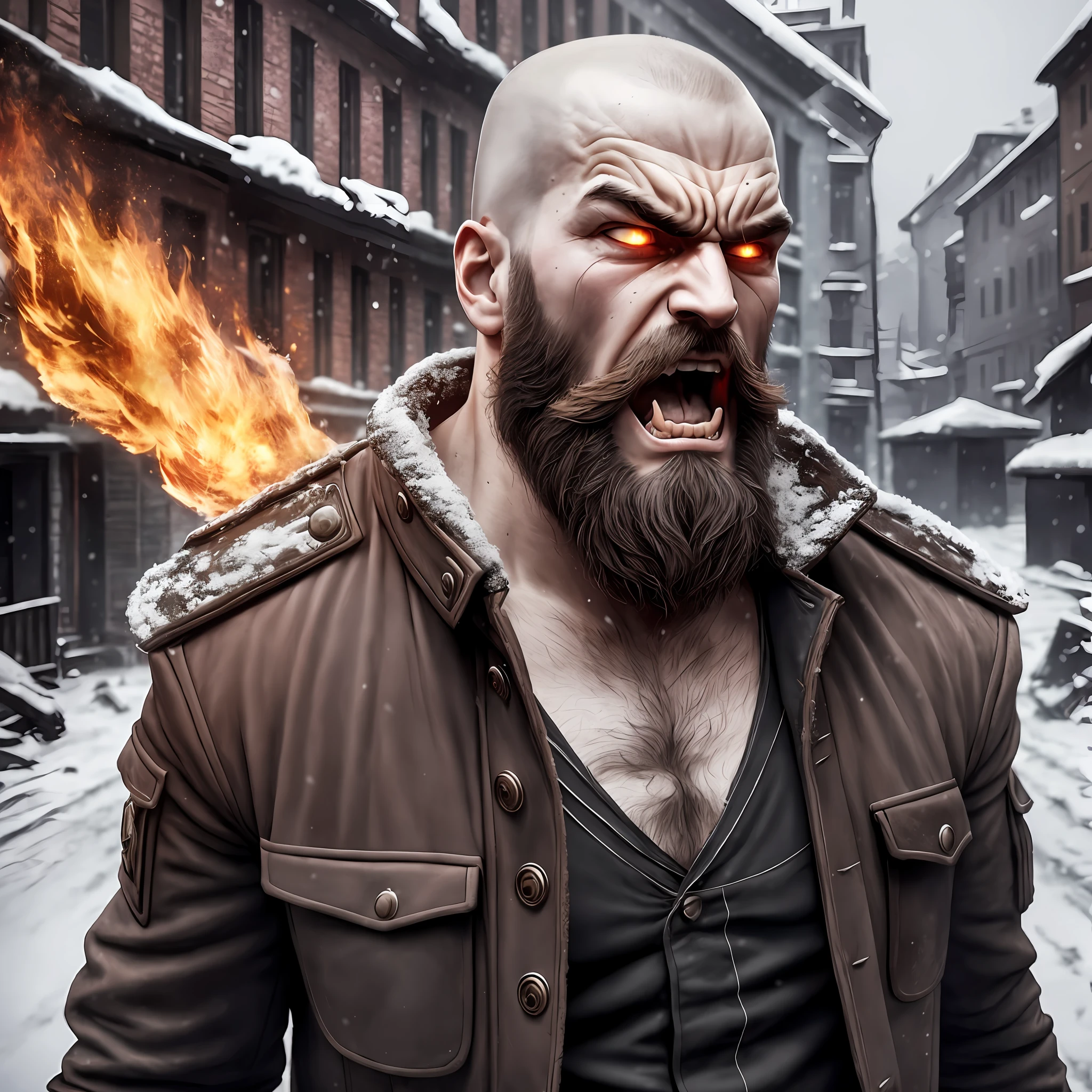 Russian, Young, Tall, Uniform, Shaved Head, Beard, Angry, Screaming
pupilless eyes, on fire, angry, in the snow dark colors, old buildings, apocalyptic powder,Realistic, Full HD, best quality
