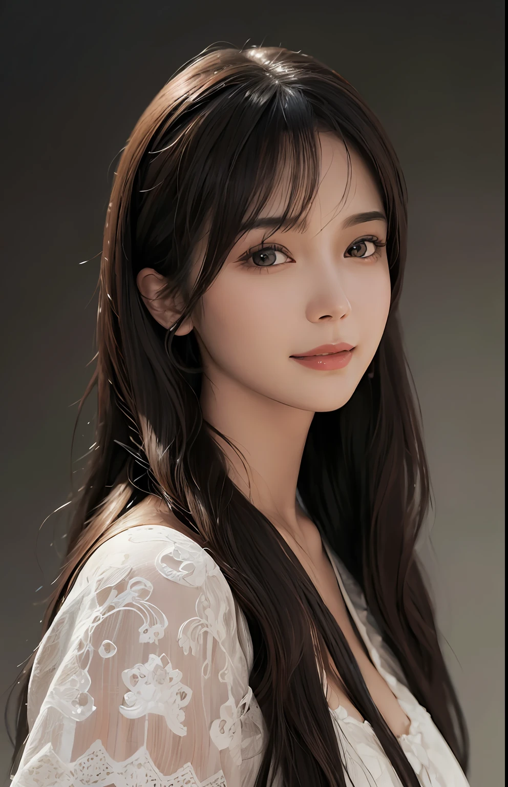 (Ultra Realistic), (Illustration), (Increased Resolution), (8K), (Extremely Detailed), (Best Illustration), (Beautiful and Detailed Eyes), (Best Quality), (Ultra Detailed), (Masterpiece ), ( wallpaper), (detailed face), solo, 1 girl, looking at viewer, fine details, detailed face, in the dark, deep shadows, low key, pureerosfaceace_v1, smiling, long hair, black shawl straight hair , 46 points oblique bangs