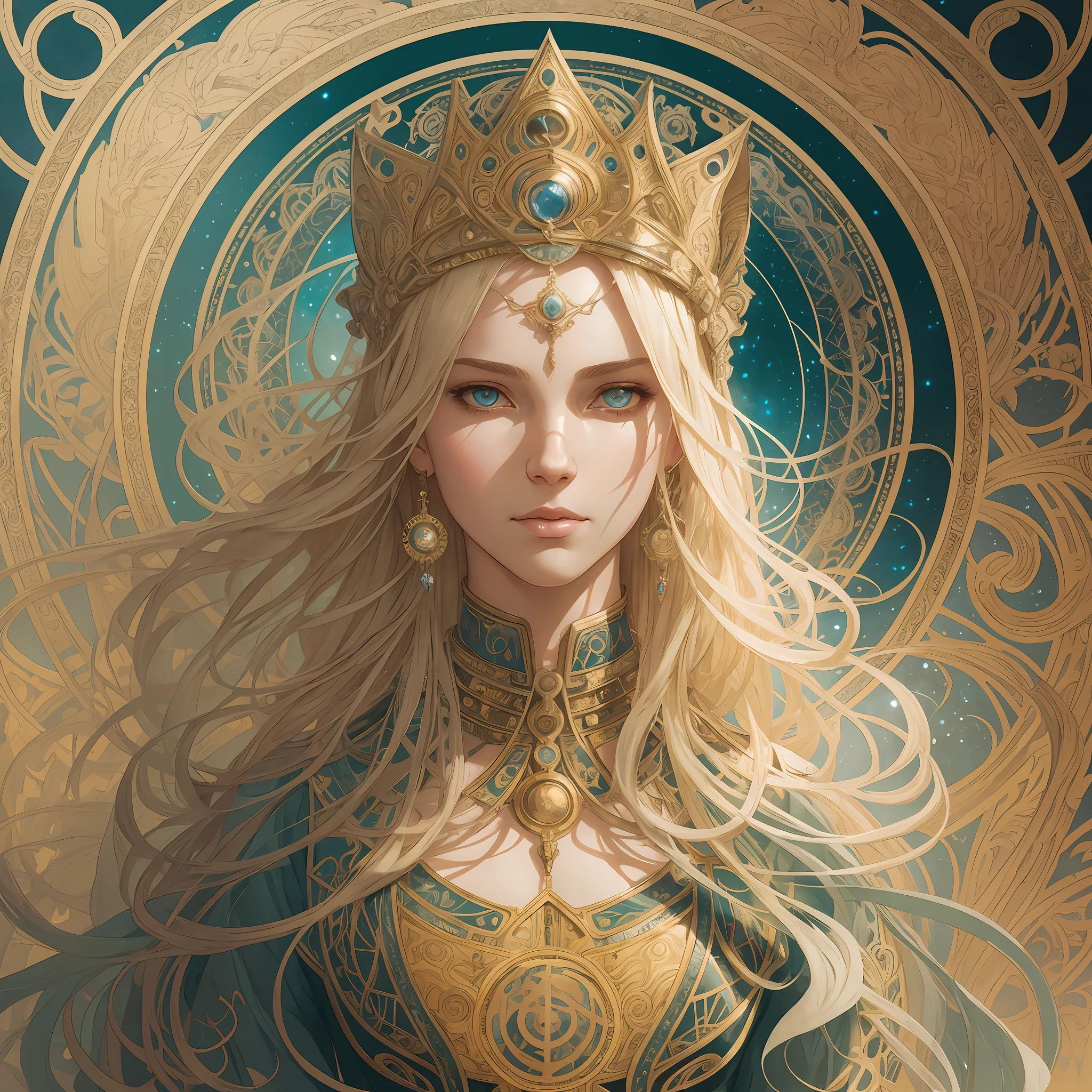 beautiful girl, blonde hair, three-quarter portrait looking at the viewer in half-turns, slender body, spiral awakening, intricate details, cosmic, ethereal, mystical, complex environment, brushes, delicate shades, lighting lights, Greg Rutkowski, RHADS, Beeple, Makoto Shinkai, Lois van Baarle, Ilya Kuvshinov, Rossdraws, Tom Bagshaw, Alphonse Mucha, Masterpiece, ultra-high resolution, high quality, Empress Tarot card --auto --s2