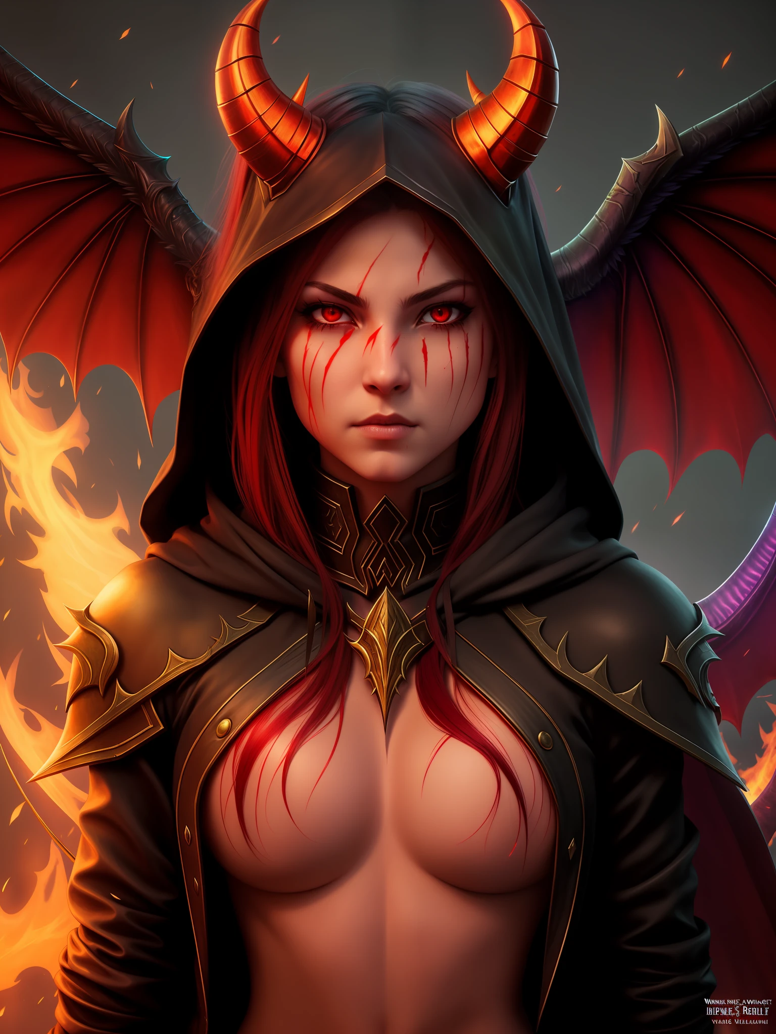 DEMON HUNTER, WOW, BLIZZARd, BLIZZARD entertaintment, WARCRAFT, WORLD OF WARCRAFT, ILLIDAN, ILLIDAN STORMRAGE, Warglaive of Azzinoth, Warglaive, Warglaives, FEL, EYE BEAM, BRIGHTWING EYES, RED eyes, red theme, horned_helmet, horns glowing_weapon long_hair, teeth bat_wings, claws, colored_skin, demon_girl, demon_horns, demon_tail, demon_wings, dragon_wings, bright, red_theme, horns, tail, tattoo,  wings, hdr, vignette, centered, hyperrealism, hyperrealistic, realistic, realism, 1girl, black hoodie, angry expression, boob, bimbo, girl, woman, colorful, art by Artgerm and Greg Rutkowski and Alphonse much, Wide Angel Shot, Nikon 14 mm, portrait, fire, scars, scar, (((1girl))), (((1 girl))), SOLO FOCUS, SOLO, FOCUS, dripping blood