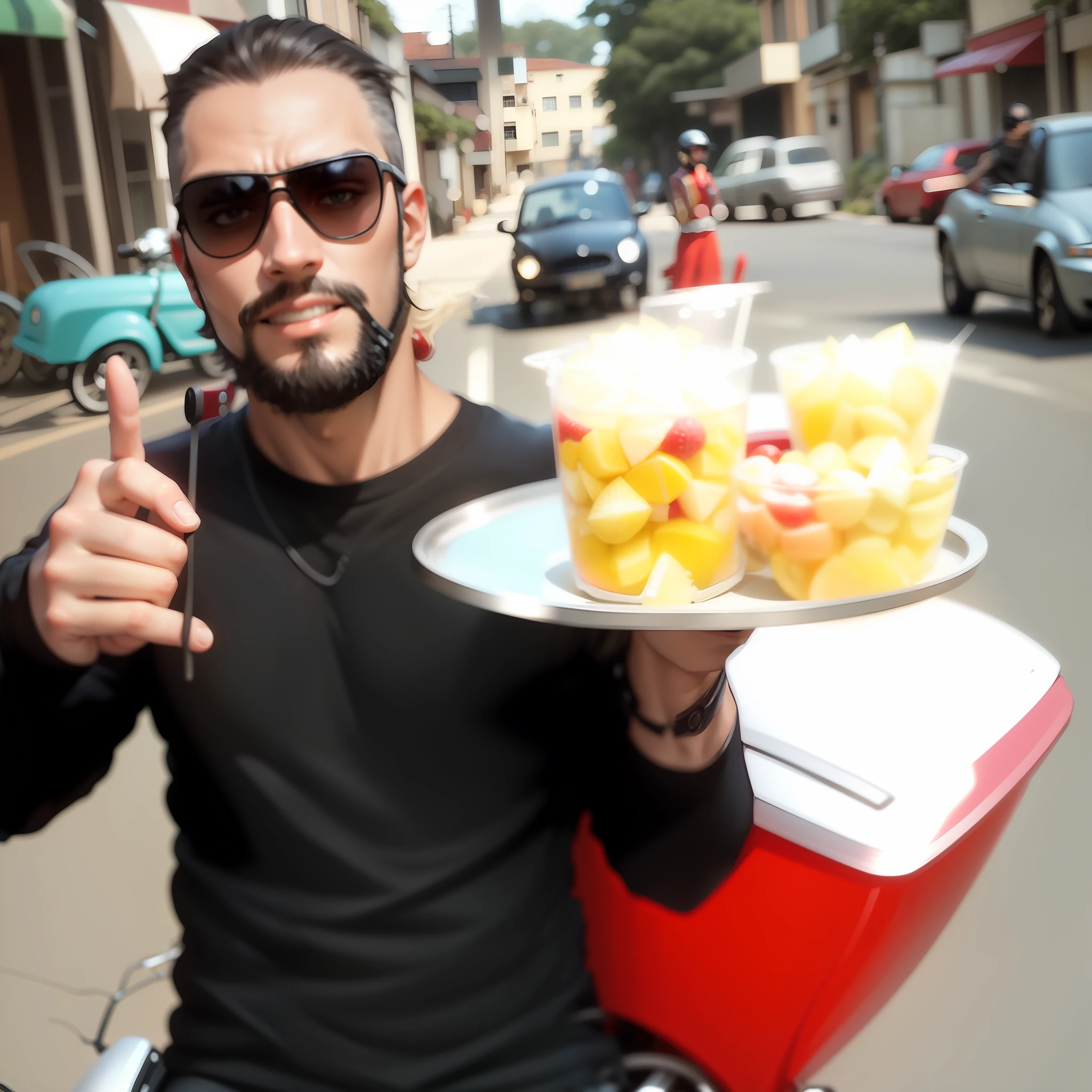 James with fruit salad tray in sunglasses on top of motorcycle, looking at the camera, Brazil ((Normal clothes - black: 1.5)), soft look, raw look, cinematic, 6d, octane rendering, mysterious aura, cheerful atmosphere high quality image --auto --s2