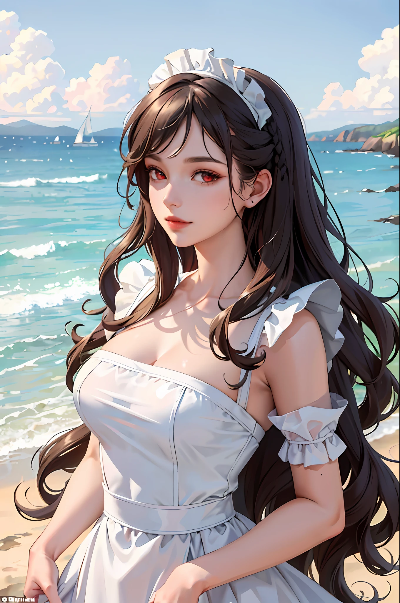 (masterpiece:1.2, best quality), (1lady, solo, upper body:1.2), Clothing: Maid outfit, ((conservatively dressed)), Hair: Loose beach waves, Makeup: Natural, glowing skin, Behavior: relaxed, carefree, free-spirited, Location: Beach, Resort, outdoor festival, red eyes, big bust