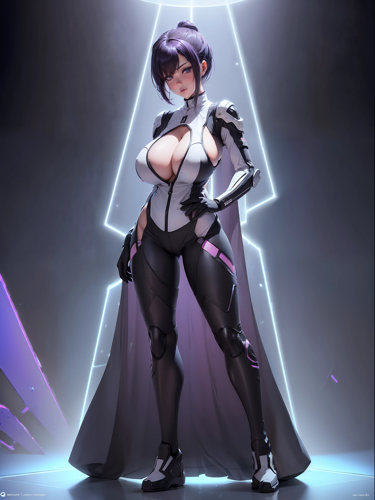 (full body photo:2), (one/woman/mechanic:1.5), (extremely large breasts:1.8), all mechanical body with white bionic armor with black gears, she is inside a spaceship near the window seeing outer space, she has very short purple slick hair, blue eyes, moaning, (blush:1.5), (is doing sensual poses standing up for the viewer:1.4),  anime style, Anime, 16k, high quality, textured skin, UHD, award winning