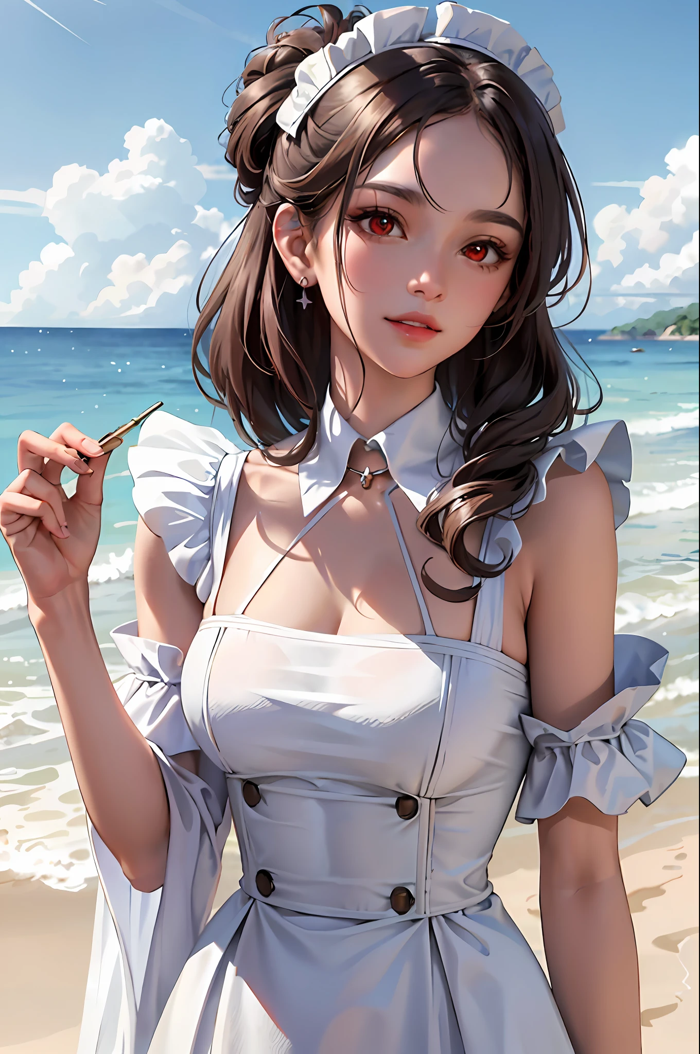 (masterpiece:1.2, best quality), (1lady, solo, upper body:1.2), Clothing: Maid outfit, ((conservatively dressed)), Hair: Loose beach waves, Makeup: Natural, glowing skin, Behavior: relaxed, carefree, free-spirited, Location: Beach, Resort, outdoor festival, red eyes, big bust