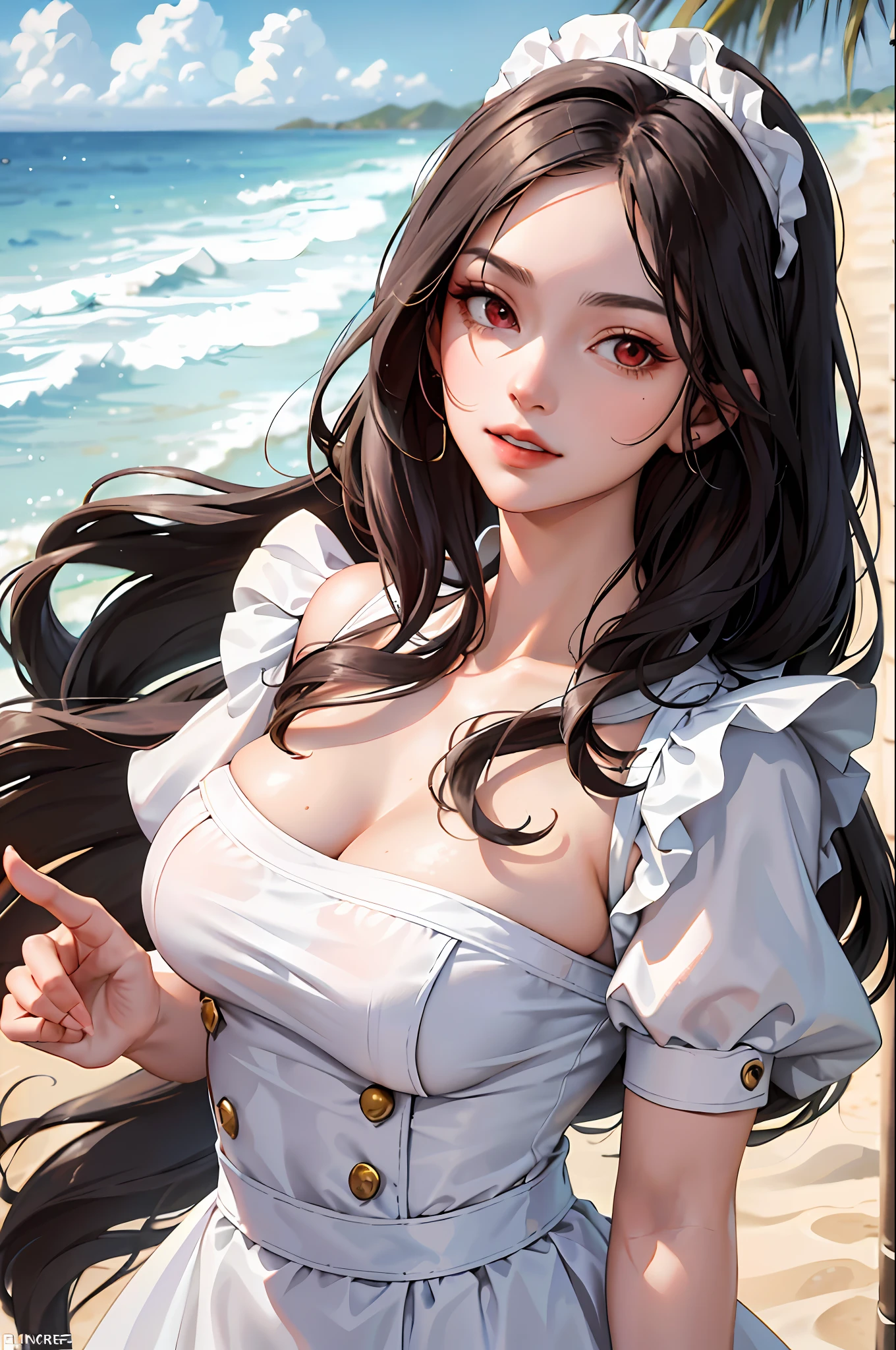 (masterpiece:1.2, best quality), (1lady, solo, upper body:1.2), Clothing: Maid outfit, ((conservatively dressed)), Hair: Loose beach waves, Makeup: Natural, glowing skin, Behavior: relaxed, carefree, free-spirited, Location: Beach, Resort, outdoor festival, red eyes, big bust