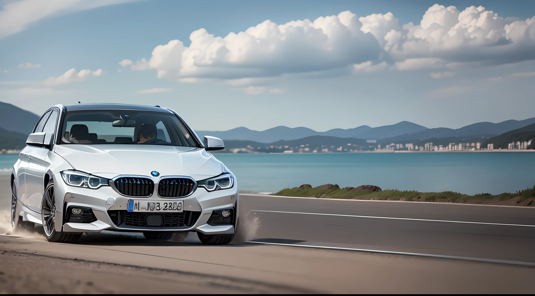 Car BMW 328i, year 2015, white, accelerating very a beach by the lake --auto --s2