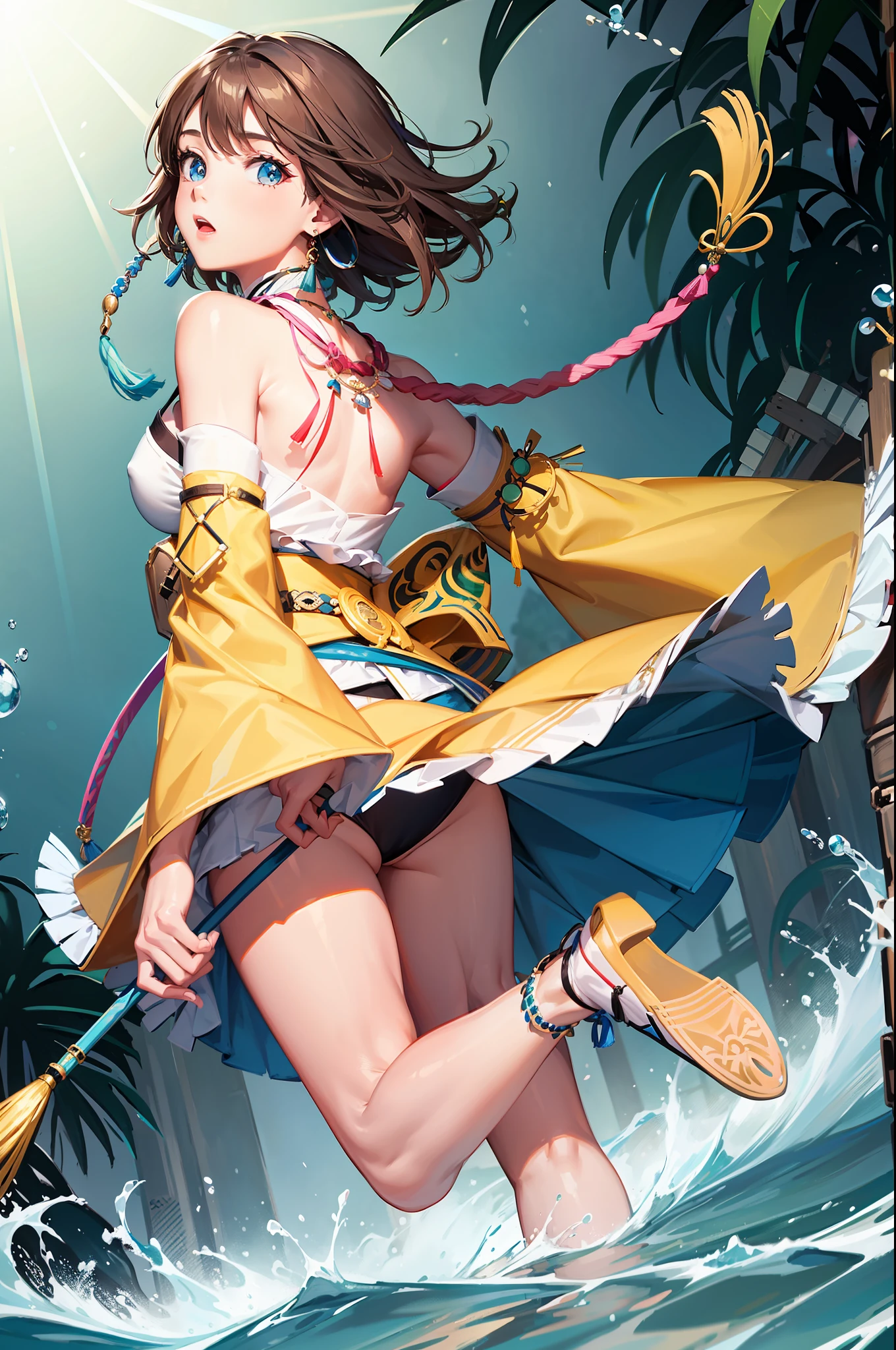 masterpiece, 1girl, (solo:1.5), yuna, (full figure:1.1), green left eye, blue right eye, Blue long tassel earrings, short brown hair, green left eye, necklace, Yellow kimono belt, White pink kimono, white top, sleeves, Blue pleated skirt, black boots, heterochomia, jumping, flapping shirt, white panties