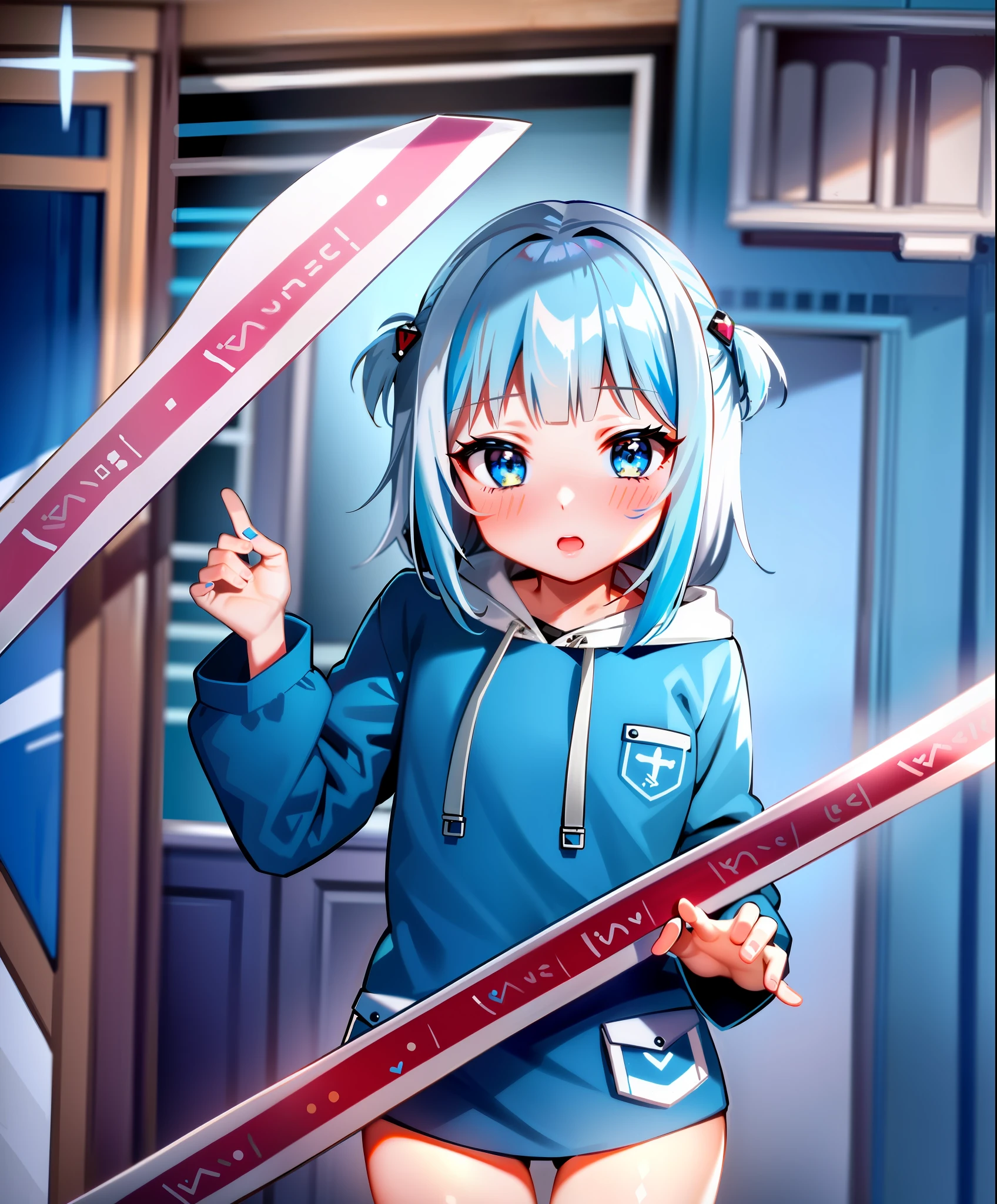 SFW, Female, Masterpiece, Very Detailed, Ultra Detailed, Best Quality, Highest Quality, 1girl, Solo, Gawr Gura, Bright Blue Eyes, (Blue Highlights in Hair), (Blush), Perfect Eyes, Perfect Face, Blue Hoodie, Short Shorts, Bedroom Setting