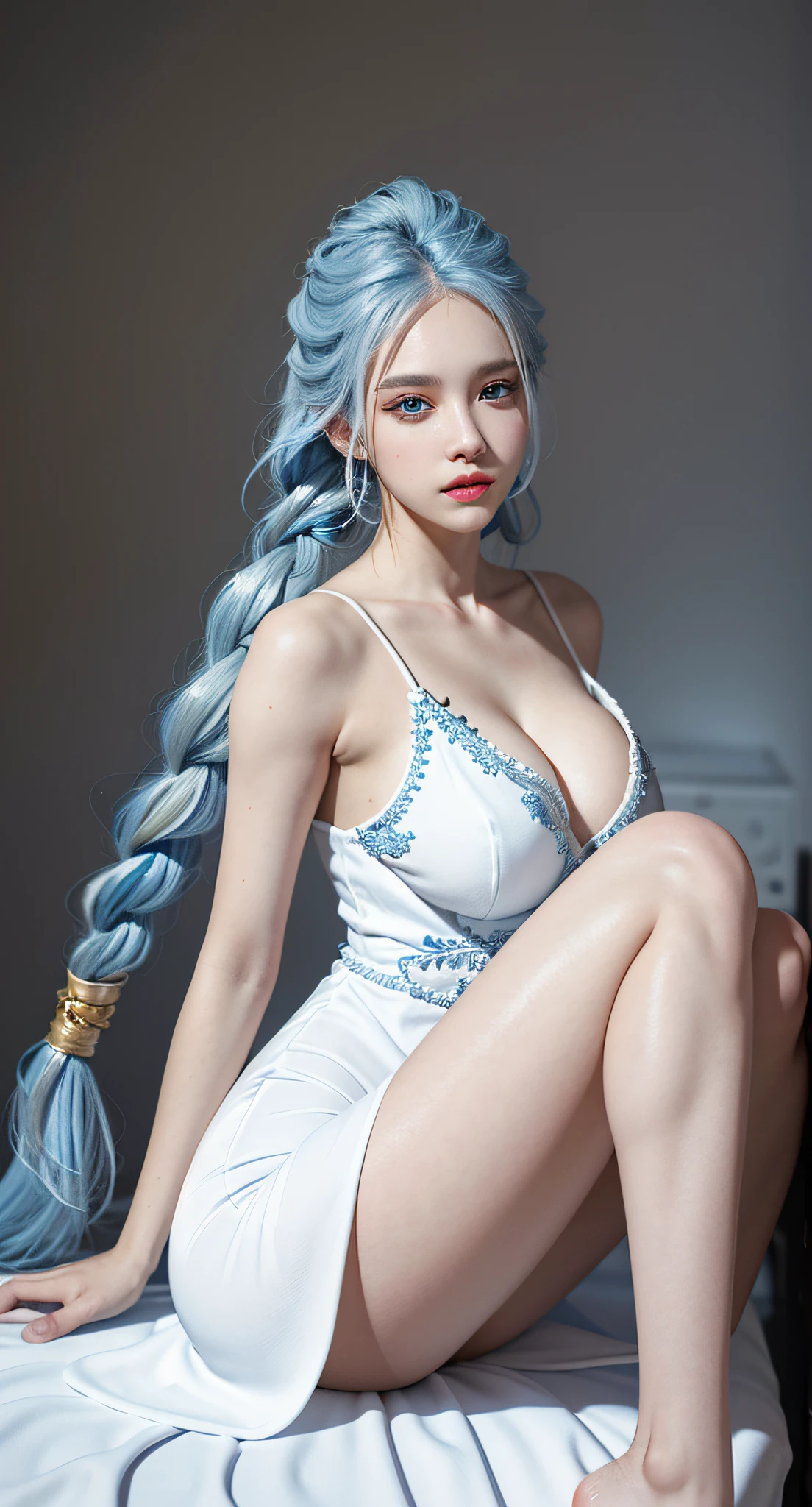 16K, Best Quality, Best, Masterpiece, Blue and White Hair, Golden Eyes, White Clothes, Looking Up, Hair, Fair Skin, Side Braids, Big Breasts, Thin Waist, Long Legs, Conservative Tight Dress,