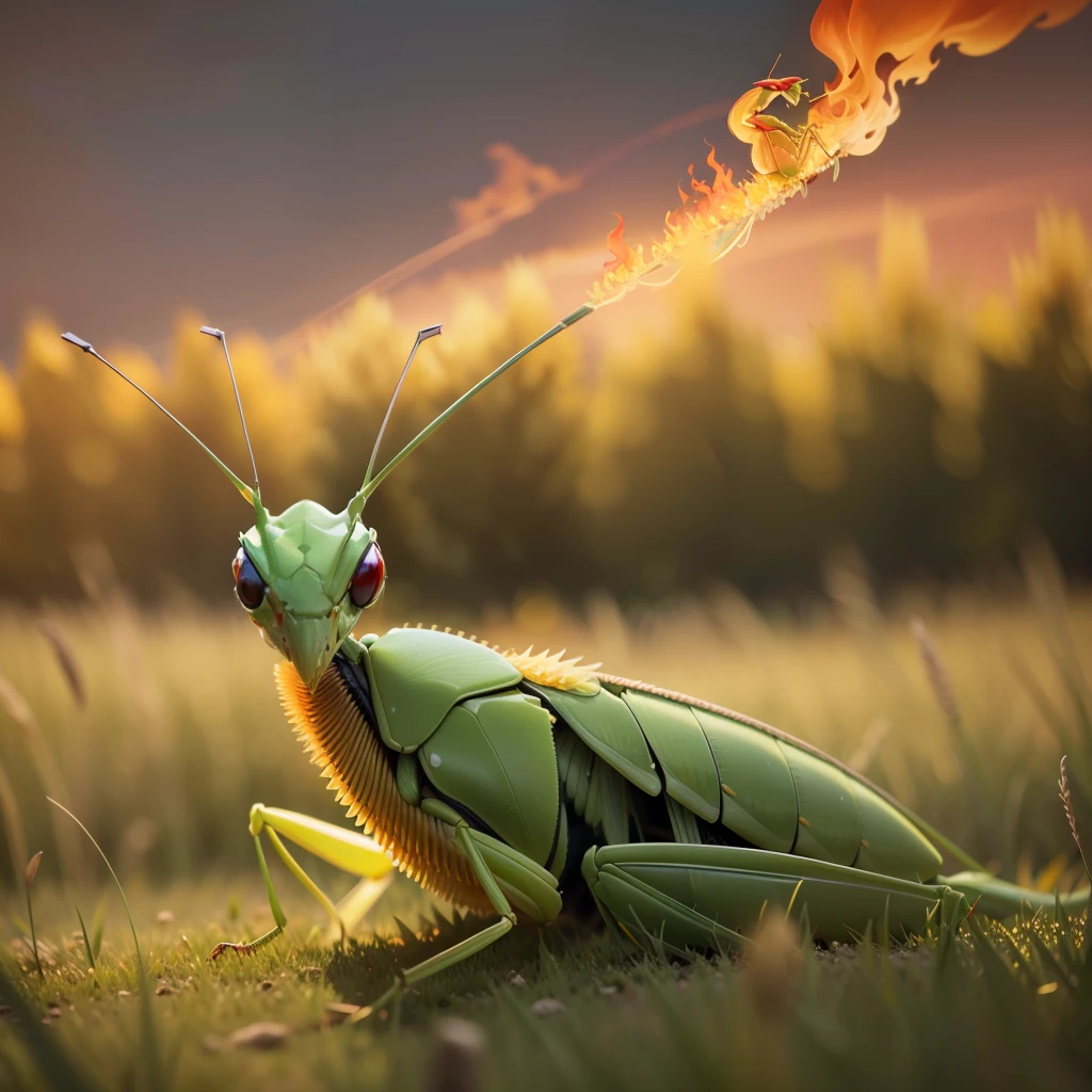 natural green mantis on yellow grass with fire in the background under a yellow sky --auto --s2