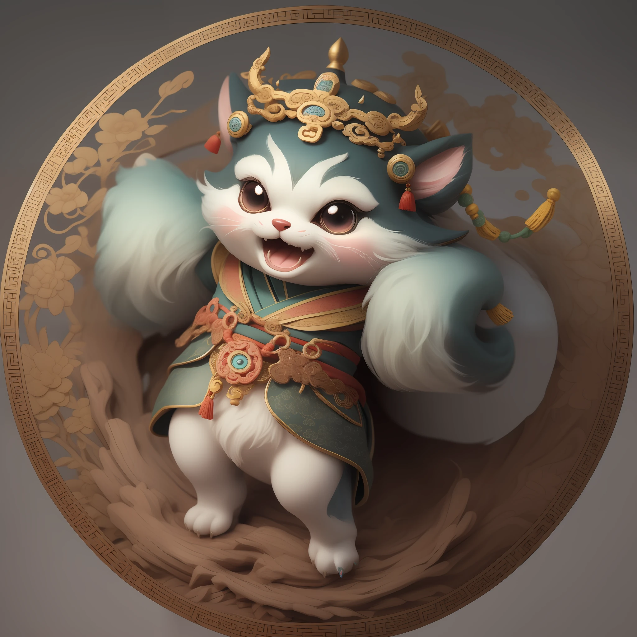 A cuter monster is designed, Wearing traditional Chinese silk costumes from the Ming Dynasty, Incorporating elements of Chinese officialdom, And adopted the style of Chinese painting, With cinematic lighting and a clean white background and a premium color scheme, Create a full-body 3 D model full of elements of ancient Chinese culture, Charming and moving, Such as big eyes, small mouth and cute movements, Create fashion blind box toys that collectors cant resist --niji 5 --style expressive --ar 34