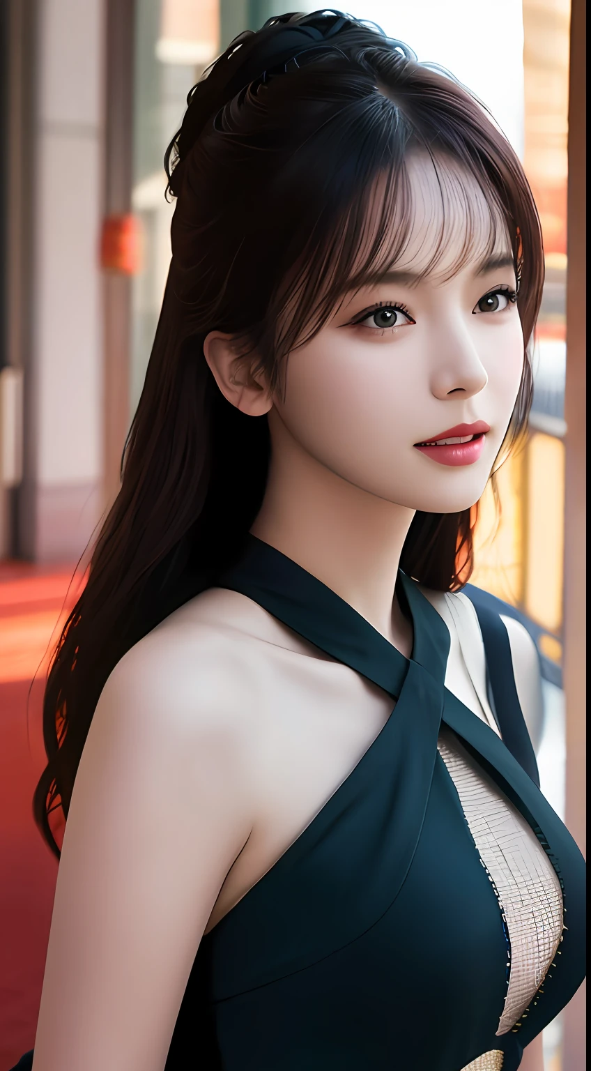 best quality, masterpiece, 1girl, Beautiful face, (photo realistic:1.3), rim lighting, (high detailed skin:1.2), 8k uhd, dslr, high quality, high resolution, 4k, 8k, Bokeh, absurdres, best ratio four finger and one thumb, (realistic:1.3), cute 1girl, medium breasts, wear red Chinese style one-piece cloth, sleeveless and backless