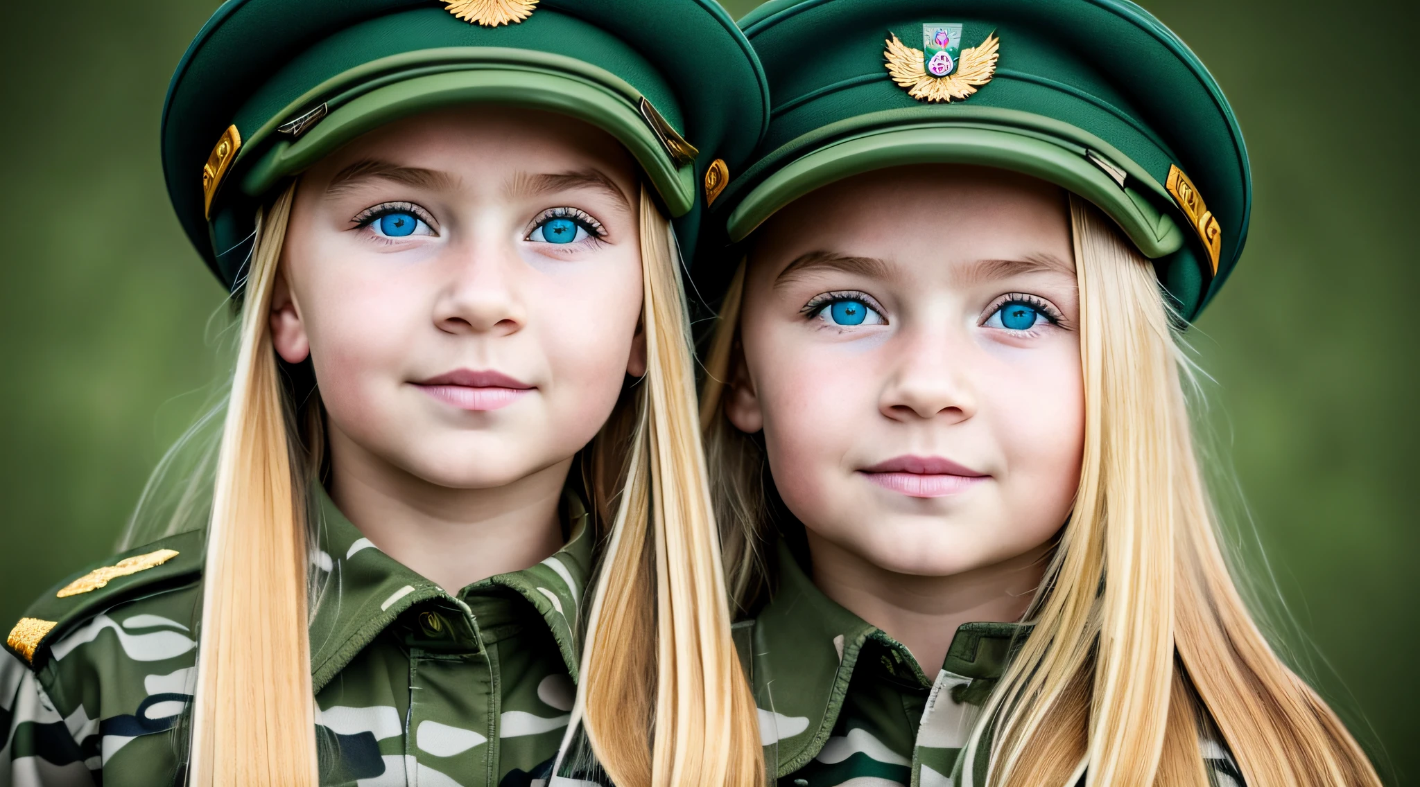 Russian child girl BLONDE, green background, photorealistic, portrait, best quality, perfect detailed face, (long hair: 1.1), (blonde hair:1.3), stunning blue eyes, (modern military clothing:1.1), (camouflaged clothing:1.1), military cap, (fully clothed:1.2)