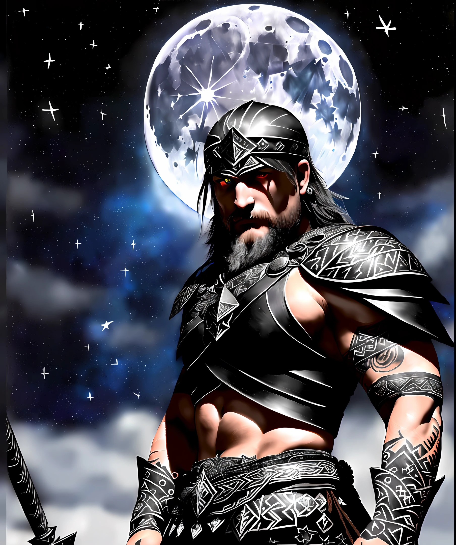 ultradetailed painting of gothic kratos person (morabuay:1.2), head, Viking tattoos, ebony spaulders, obsidian pauldron, black armor, black feathers, moonlit, starry sky with full moon on the background, oil painting, by ilya kuvshinov, greg rutkowski and ...