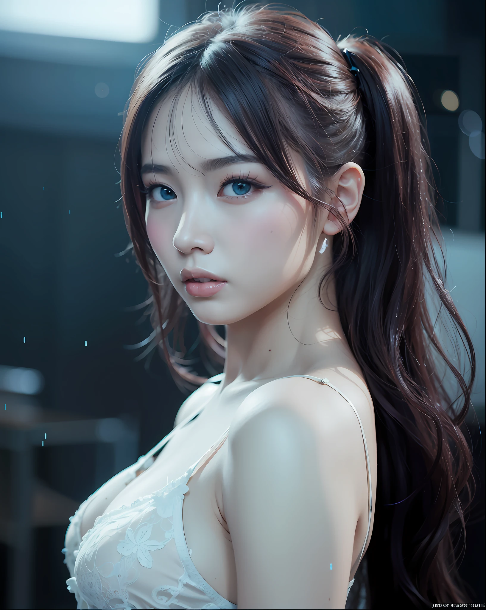 asian woman with long hair and blue eyes posing for a picture, pink natural make up, soft portrait shot 8 k, 8k artgerm bokeh, portrait of female korean idol, korean girl, artwork in the style of guweiz, ross tran 8 k, beautiful south korean woman, ig model | artgerm, gorgeous young korean woman, 8k portrait render,wearing a amber color blouse with lace