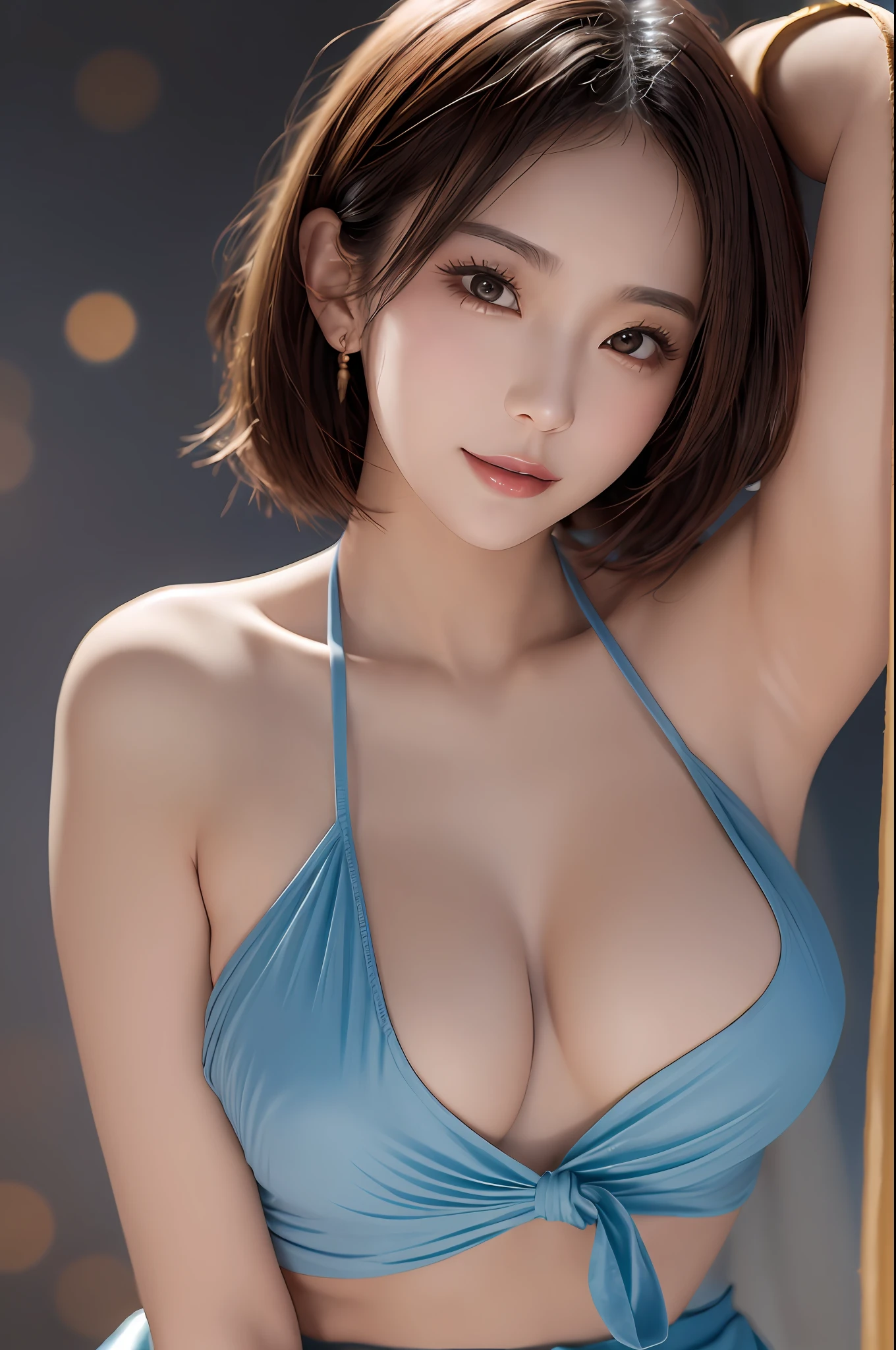 A sexy and charming Japanese woman, elegant and intellectual, confident and generous, exquisite and beautiful face, exquisite collarbone, charming fragrant shoulders, low-cut sky blue wrap skirt without suspenders, full body photo, body facing the front, beautiful and exquisite pretty face, peach Red lips, fragrant shoulders slightly exposed, breasts looming, focus on the face, seductive and delicate collarbone, ultra-high resolution, tender and smooth skin, very realistic details, bokeh, Bright Background, ultra-high-definition, outstanding details, 8K, blushing face, Attractive collarbone, sexy shoulders,one person,bob hair, short hair,smile,