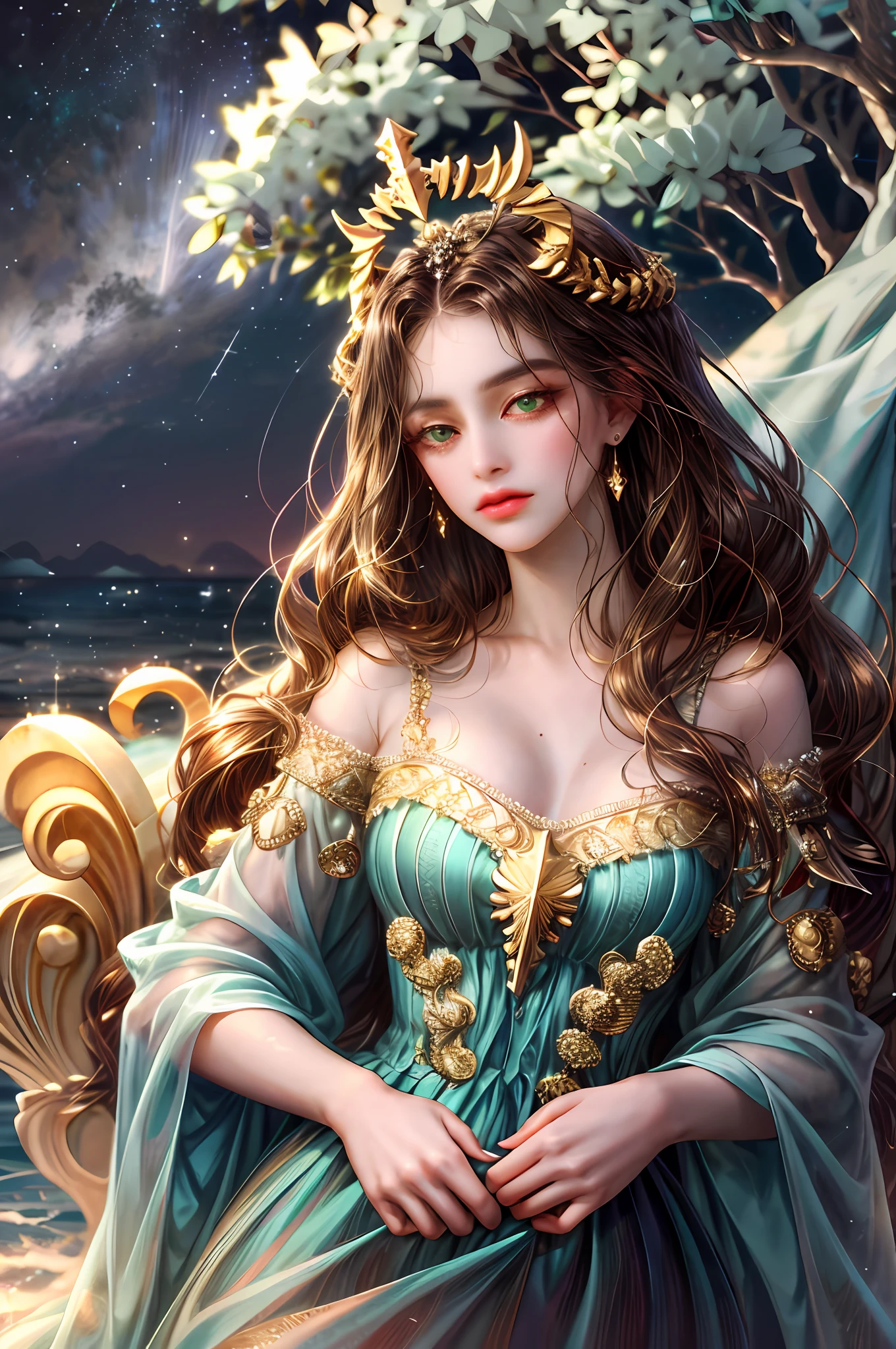 ( High quality , ultra detailed, careful with hand )Zodiac - Capricorn goddess , similar to latin goodness . Self-disciplined, persevering, stoic, determined, serious face . Hard-hearted, inflexible, pessimistic style . Dark green eyes (eyes detail) , deep golden-brown hair , transparent dress , in the ocean with trees in night , whole body , make up look , goat goddess . Ruled by god of saturn.
