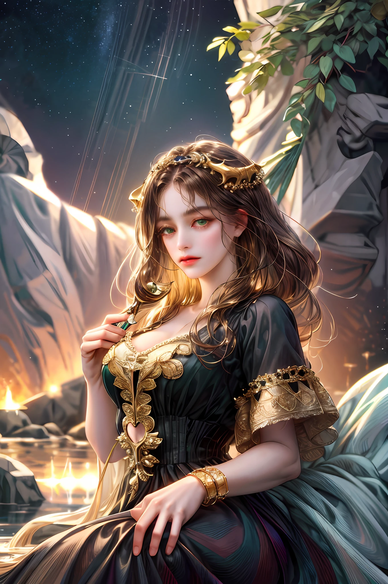 ( High quality , ultra detailed, careful with hand )Zodiac - Capricorn goddess , similar to latin goodness . Self-disciplined, persevering, stoic, determined, serious face . Hard-hearted, inflexible, pessimistic style . Dark green eyes (eyes detail) , deep golden-brown hair , transparent dress , in the ocean with trees in night , whole body , make up look , goat goddess . Ruled by god of saturn.