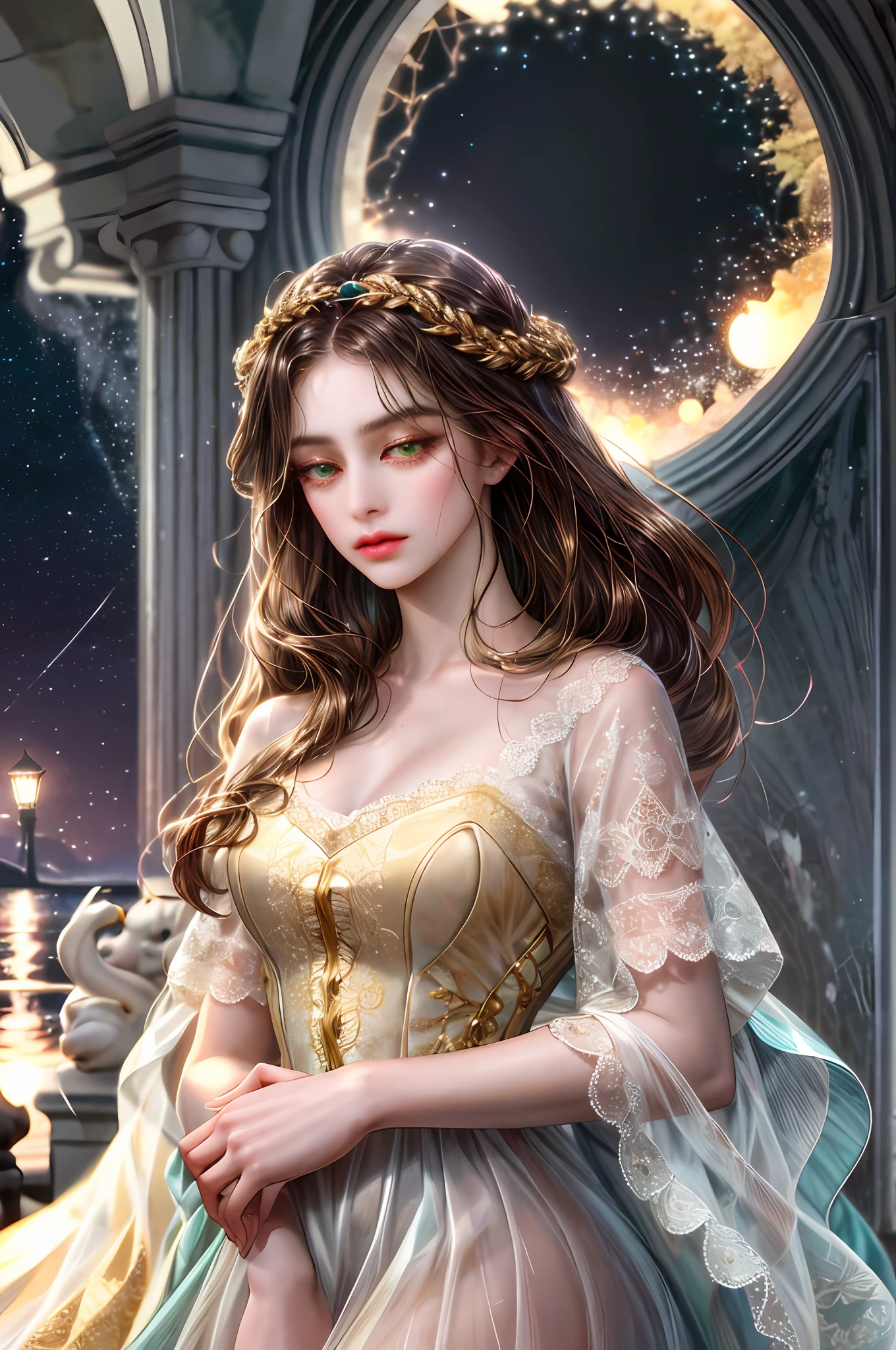( High quality , ultra detailed, careful with hand )Zodiac - Capricorn goddess , similar to latin goodness . Self-disciplined, persevering, stoic, determined, serious face . Hard-hearted, inflexible, pessimistic style . Dark green eyes (eyes detail) , deep golden-brown hair , transparent dress , in the ocean with trees in night , whole body , make up look , goat goddess . Ruled by god of saturn.