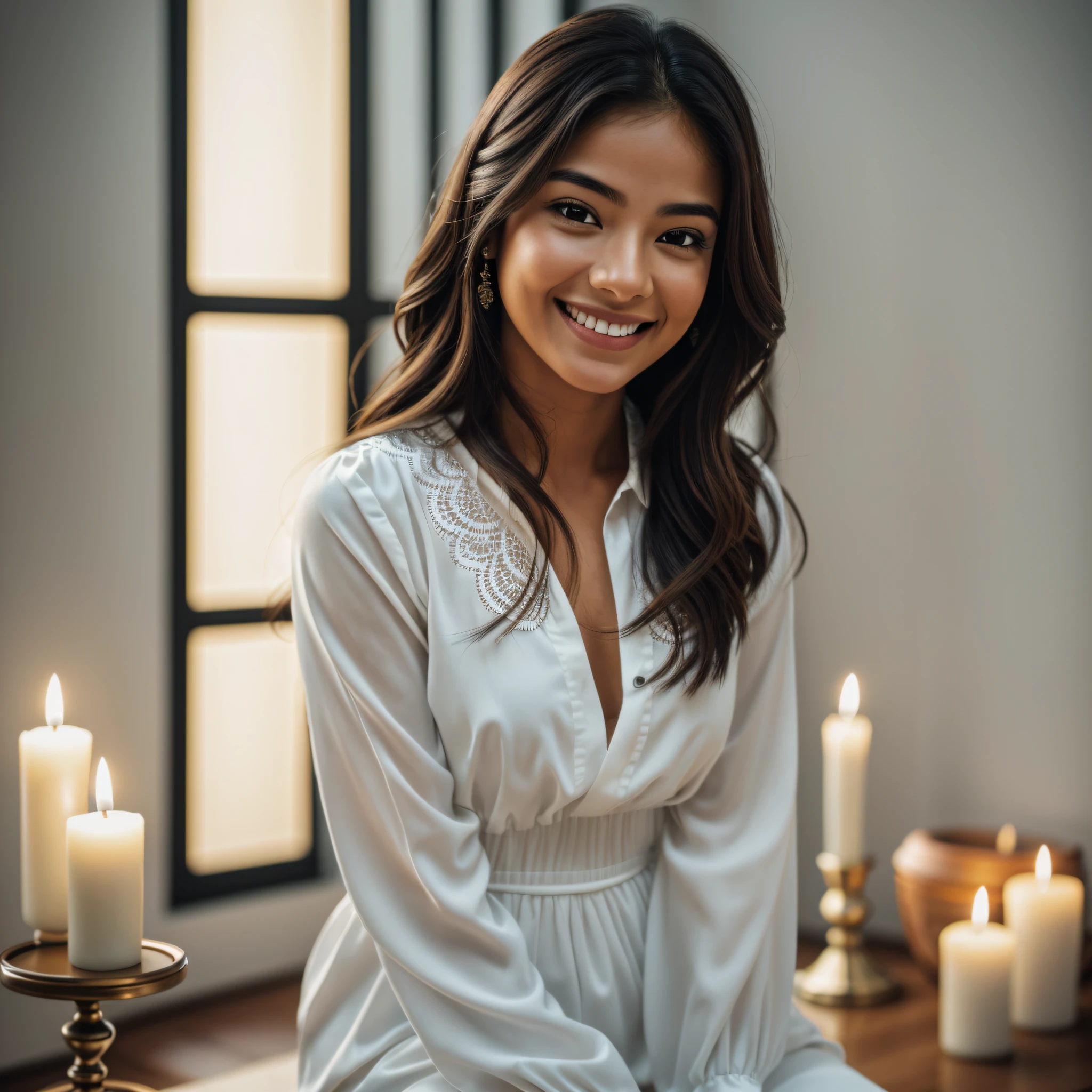 (RAW photo, best quality), (realistic, photo-realistic face of smiling Latina woman, looking at the viewer, detailed face, wearing white clothes: 1.3), extremely delicate and beautiful, amazing, fine detail, masterpiece, ultra-detailed, highres, (best illustration), (best shadow), intricate, 1girl, silhouette, profile,sitting in lotus flower position, sitting on a meditation mat in a cozy and illuminated room Candles are visible around you, symbolizing peace and relaxation. Flowers are in your hands, and in the background are nature paintings and quotes about positivity and inner well-being and prosperity, light particles, sharp focus, 8k UHD, DSLR, high quality, (film grain: 1.4), Fujifilm XT3, bokeh