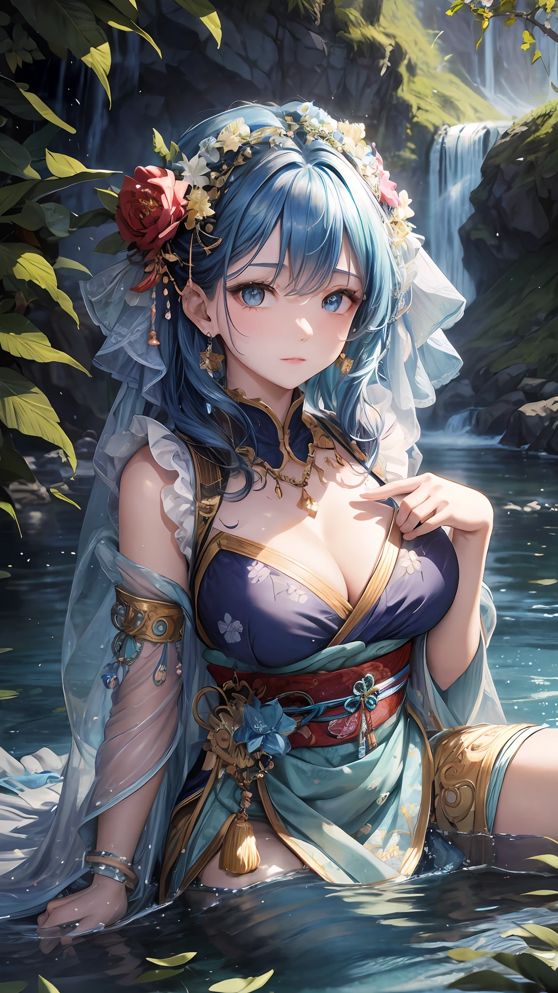 HD real, the picture is the protagonist, blue colorful hair color, clear cleavage texture, wearing flower ornaments and jewelry on the head, waterfall, pond, river and ocean horizon reflection, wearing wide-sleeved Japanese style clothing, looking confidently at the audience, playing heart-wrenching music, mountains and bridges in the background, earrings and short hair on the head, immersed in nature, trees and water flow clearly visible.
