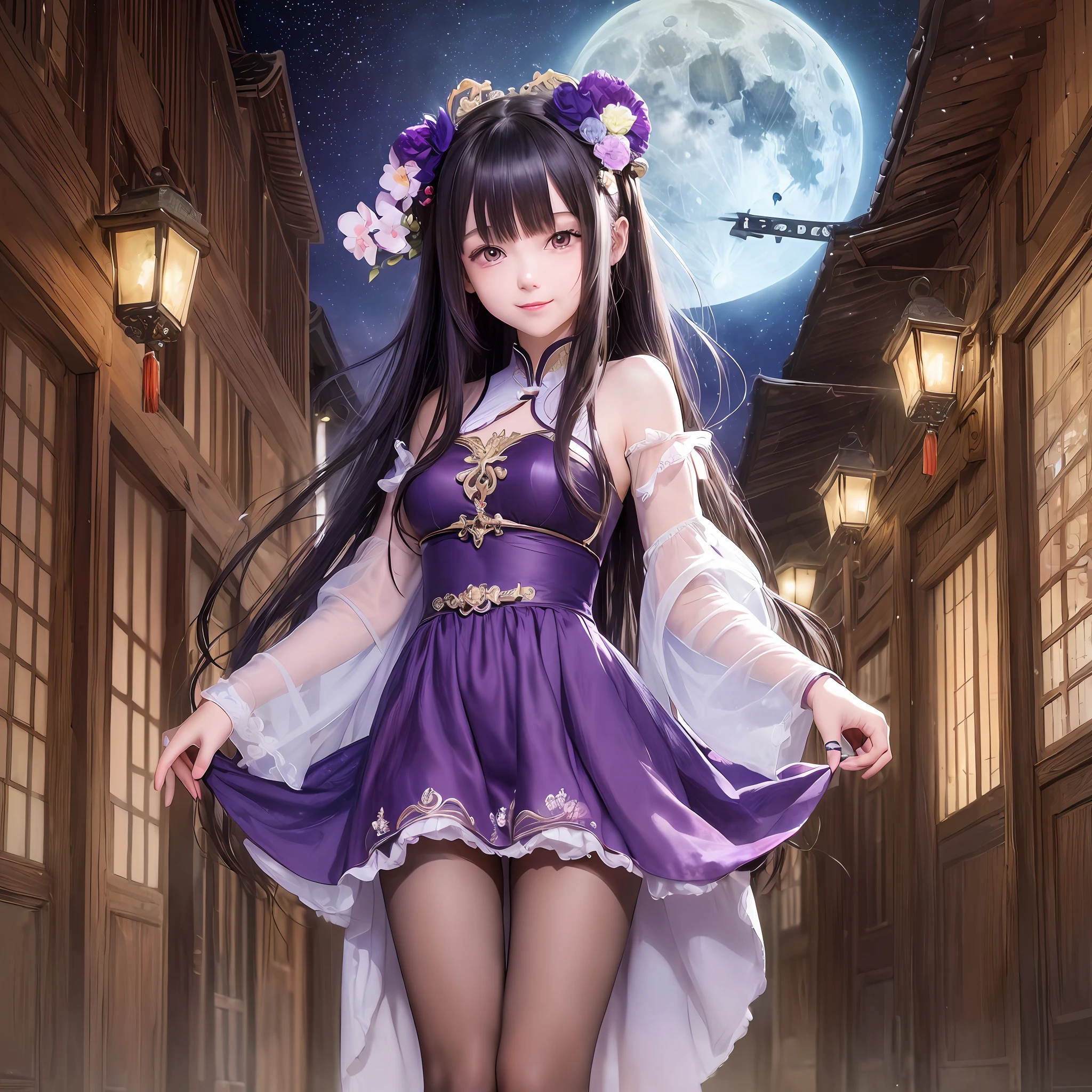 ((Masterpiece, Best Quality, Anime, Illustration)), 1 Girl, 1 Boy, Yunjin Definition, Smile, Purple Pantyhose, Long Dress, Night, Full Moon, Village, (Chinese Architecture: 1.3),