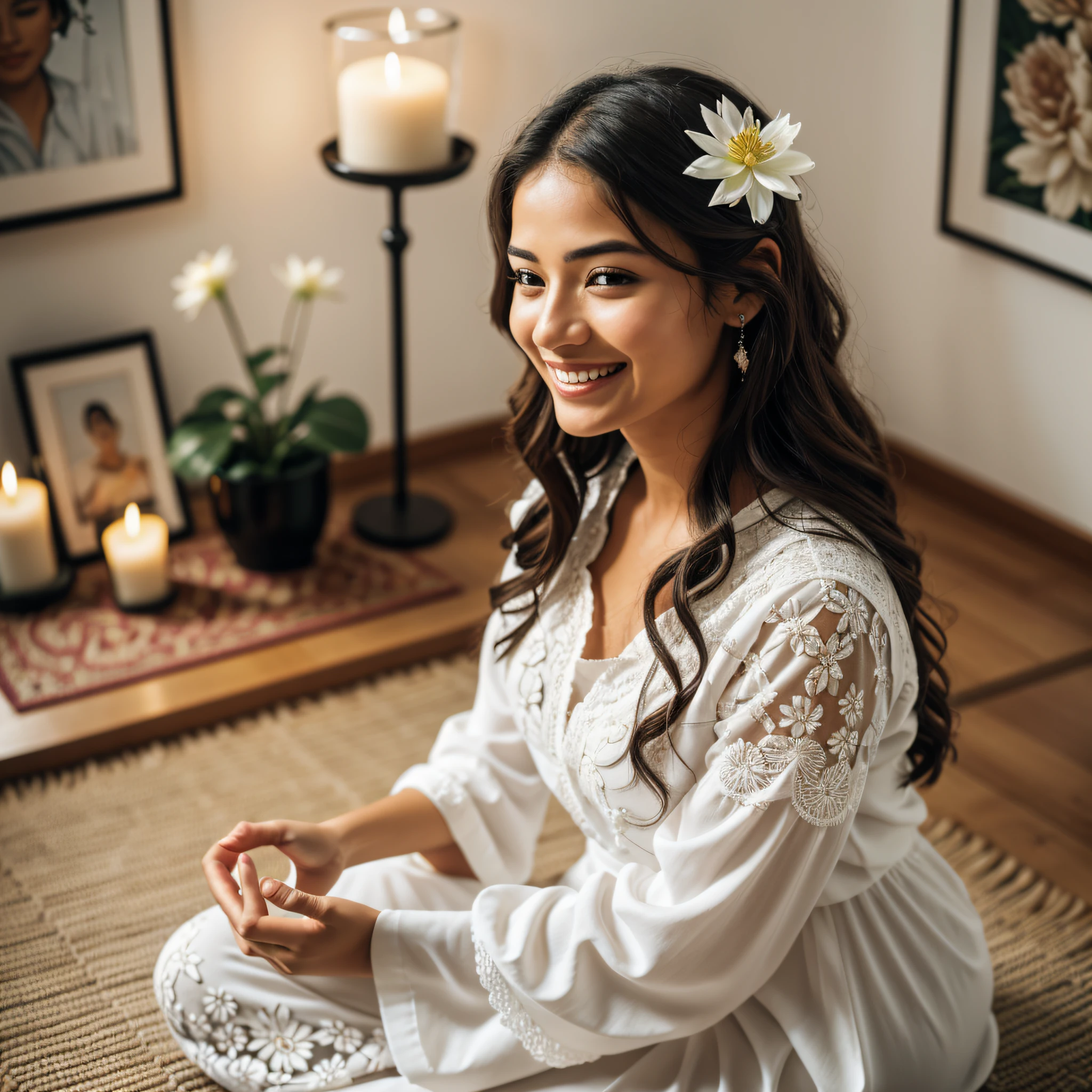 (RAW photo, best quality), (realistic, photo-realistic face of smiling Latina woman, looking at the viewer, detailed face, wearing white clothes: 1.3), extremely delicate and beautiful, amazing, fine detail, masterpiece, ultra-detailed, highres, (best illustration), (best shadow), intricate, 1girl, silhouette, profile,sitting in lotus flower position, sitting on a meditation mat in a cozy and illuminated room Candles are visible around you, symbolizing peace and relaxation. Flowers are in your hands, and in the background are nature paintings and quotes about positivity and inner well-being and prosperity, light particles, sharp focus, 8k UHD, DSLR, high quality, (film grain: 1.4), Fujifilm XT3, bokeh