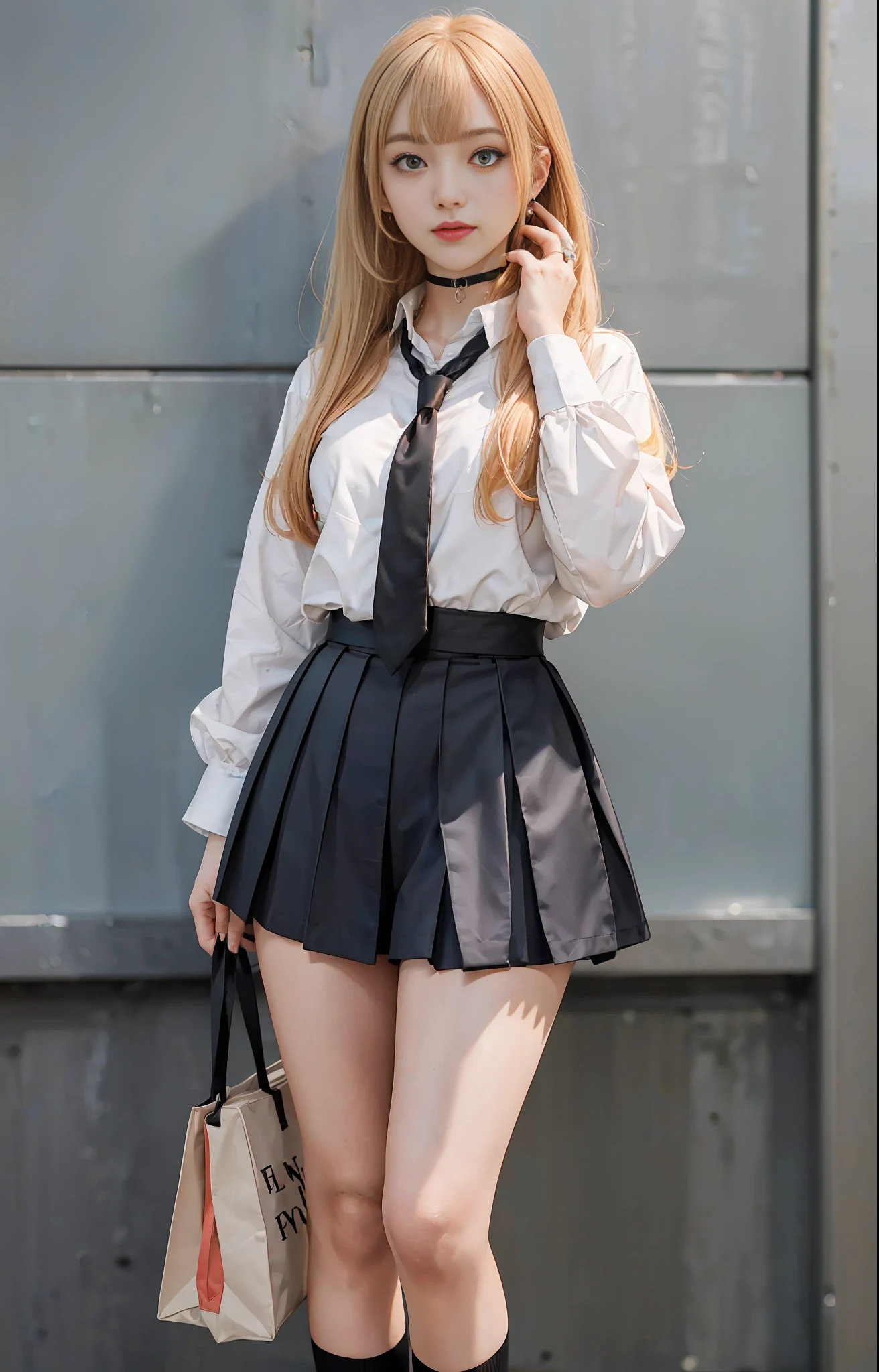 Kitagawa Marin, orange eyes, (1 girl:1.4)
(school uniform), (light blue tie), black skirt, black leather shoes, white socks, blush, (mature: 0.9)
(Black choker collar: 0.8) Girl
Pink eyes
Blonde/yellow hair, oblique bangs, 8-point bangs, (black eyeliner: 0.9), (red lips: 0.5)
To waist-length hair, long hair, spread hair, full body, smile
earring
(Glowing nails: 0.5)
Cosplayer
Model, ESFP-A personality type
(25-year-old girl: 0.4)
(Extrovert: 0.9)
assertive
Have one's head in the clouds
daring
Happy