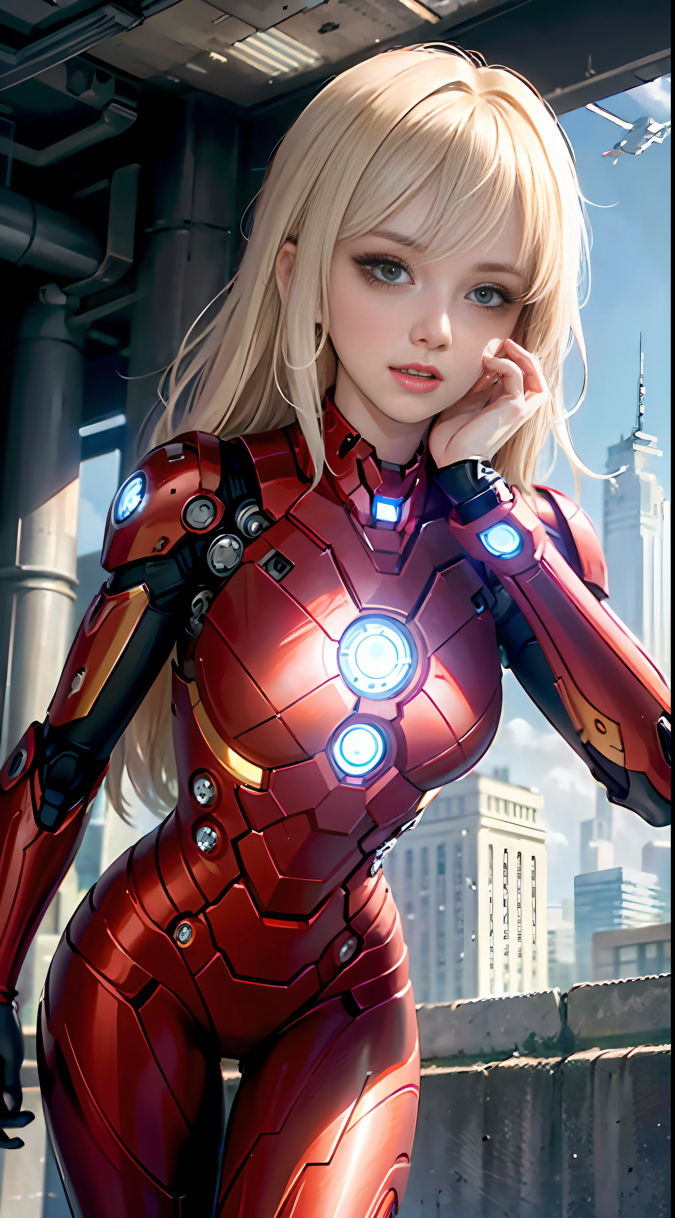 (1girl:1.3), solo,__body-parts__, official art, unity 8k wallpaper, ultra detailed, beautiful and aesthetic, beautiful, masterpiece, best quality, RAW, masterpiece, super fine photo,, best quality, super high Resolution, photorealistic, sunlight, full body portrait, stunningly beautiful,, dynamic pose, delicate face, vibrant eyes, (side view), she is wearing a futuristic Iron Man mech, red and gold, Highly detailed abandoned warehouse background, detailed face, detailed complex busy background, messy, gorgeous, milky, high detailed skin, realistic skin details, visible pores, sharp focus, volumetric fog, 8k uhd, dslr camera, High quality, film grain, fair skin, photorealism, lomography, sprawling metropolis in a futuristic dystopia, view from below, translucent