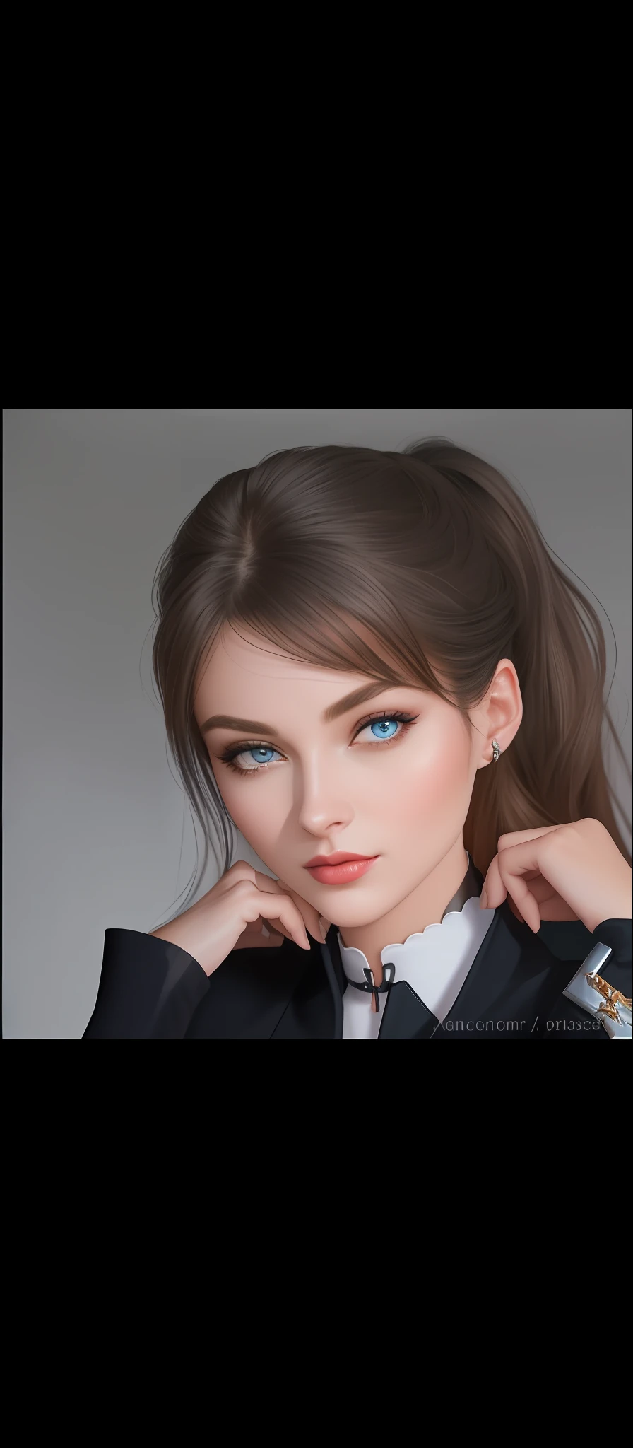 Closeup of a ((awesome)) woman, thin black choker, 4K, high quality, masterpiece, ethereal, (looking directly at the camera: 1.4), realistic skin texture, (full lips moist), perfect face, high ponytail, seductive eyes, sexy senary she's on the market in blue uniform