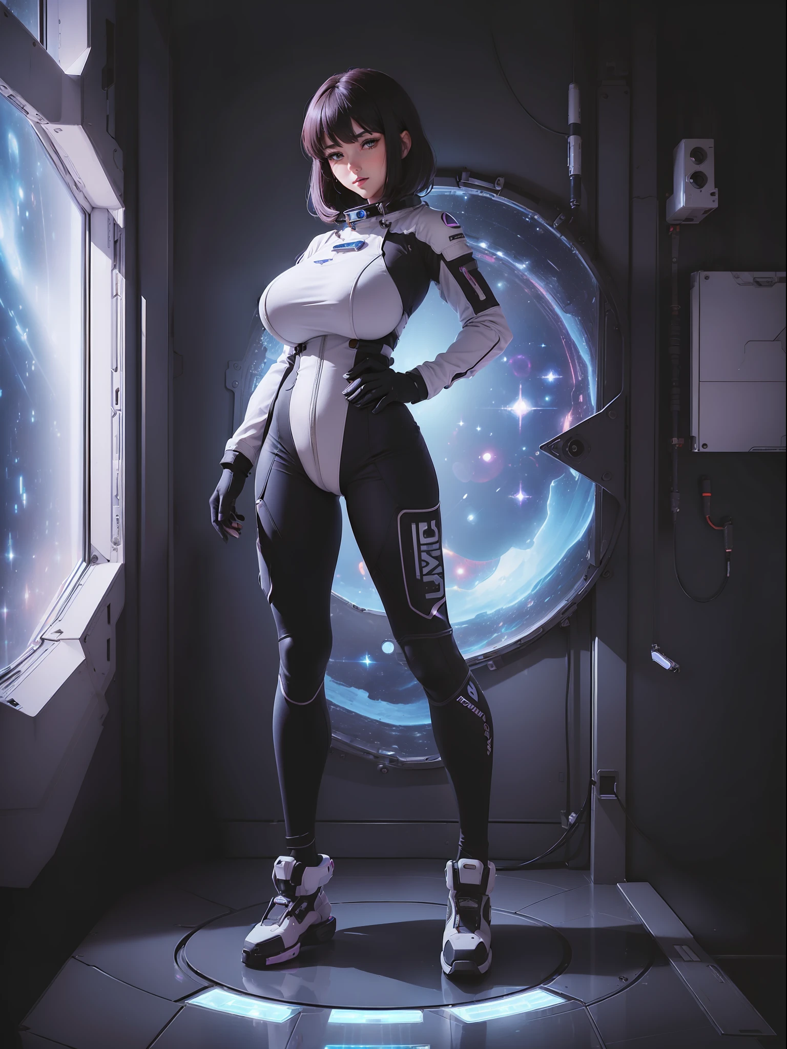 (full body photo:2), (one/woman/mechanic:1.8), (extremely large breasts:1.8), all-mechanical body with white bionic armor with black gears, (she is inside a spaceship near the window seeing outer space:1.5), she has very short purple smooth hair, blue eyes, moaning, (blush:1.5), (is doing sensual poses standing up for the viewer:1.4), anime style, Anime, 16k, high quality, textured skin, UHD, award winning