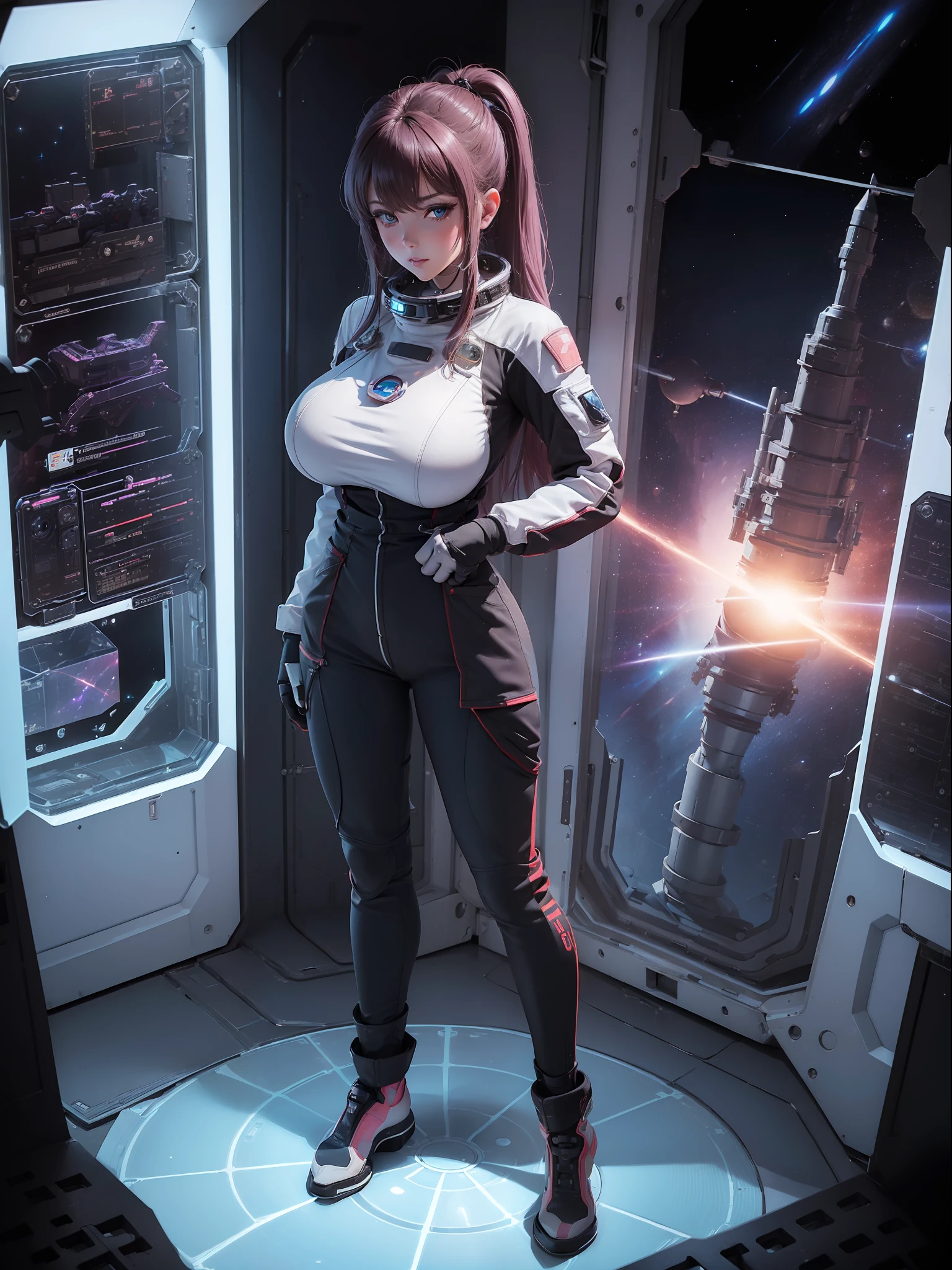 (full body photo:2), (one/woman/mechanic:1.8), (extremely large breasts:1.8), all-mechanical body with white bionic armor with black gears, (she is inside a spaceship near the window seeing outer space:1.5), she has very short purple smooth hair, blue eyes, moaning, (blush:1.5), (is doing sensual poses standing up for the viewer:1.4), anime style, Anime, 16k, high quality, textured skin, UHD, award winning