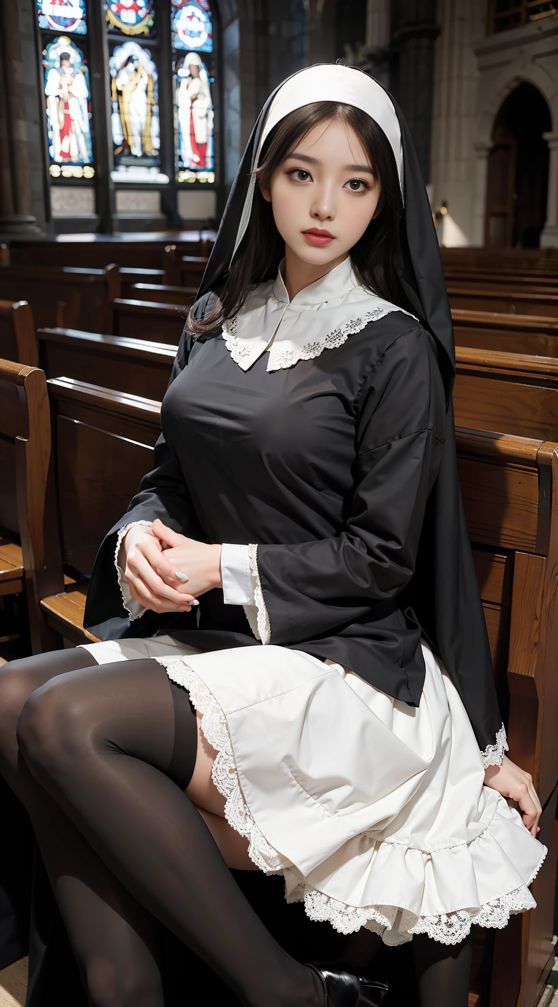 Best quality, full body portrait, delicate face, pretty face, 35 year old woman, slim figure, large bust, nun dress, low-cut lace, black stockings, church scene, sitting position, prayer gesture