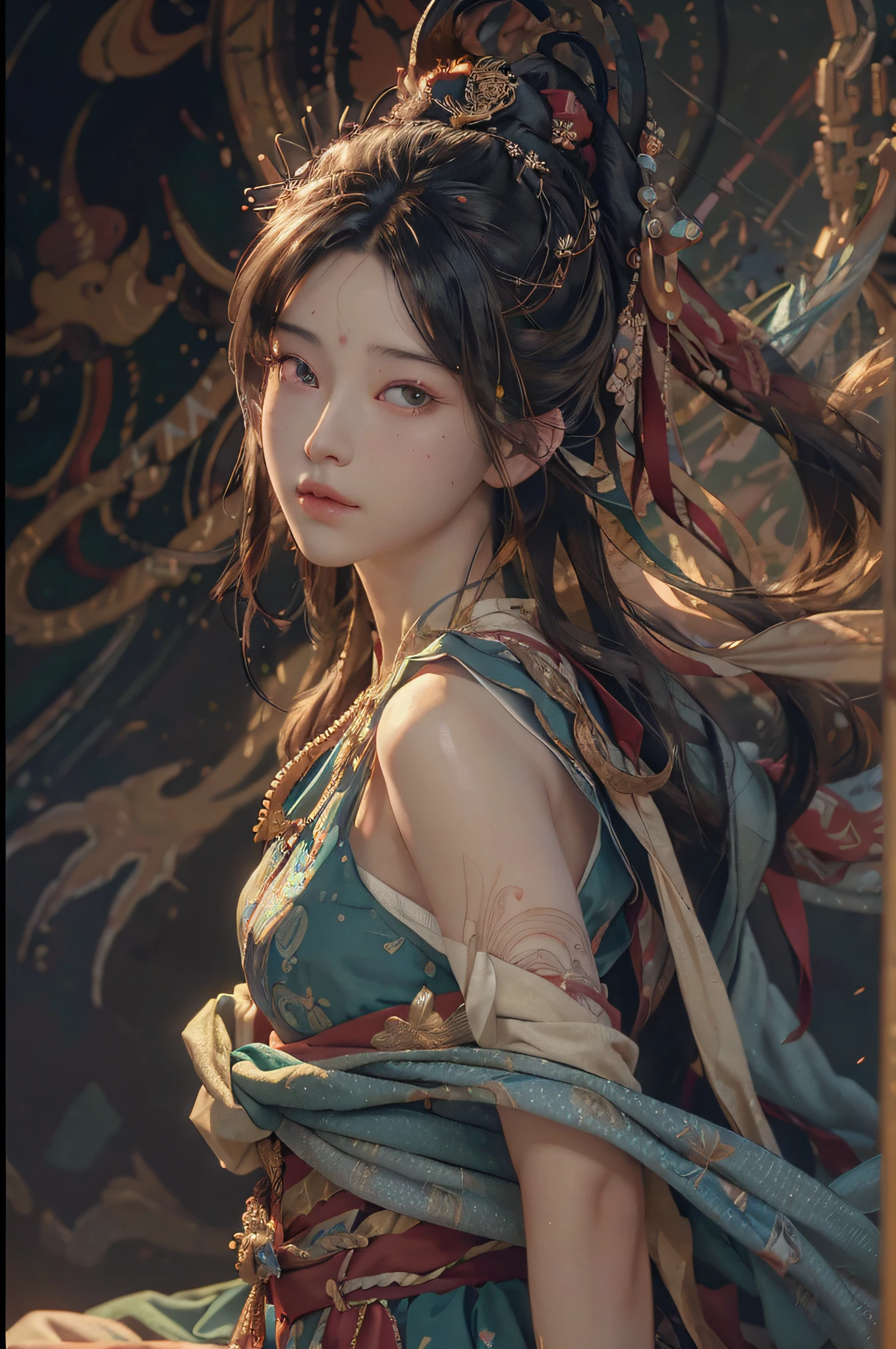 (RAW photo, best quality), (realistic, photo-realistic:1.3),best quality,highly detailed,masterpiece,ultra-detailed,illustration,1girl,upper_body,dynamic angle,world masterpiece theater,messy_long_hair,best quality,extremely detailed CG unity 8k wallpaper,ink,Amazing,cinematic lighting,lens_flare, dunhuang_style