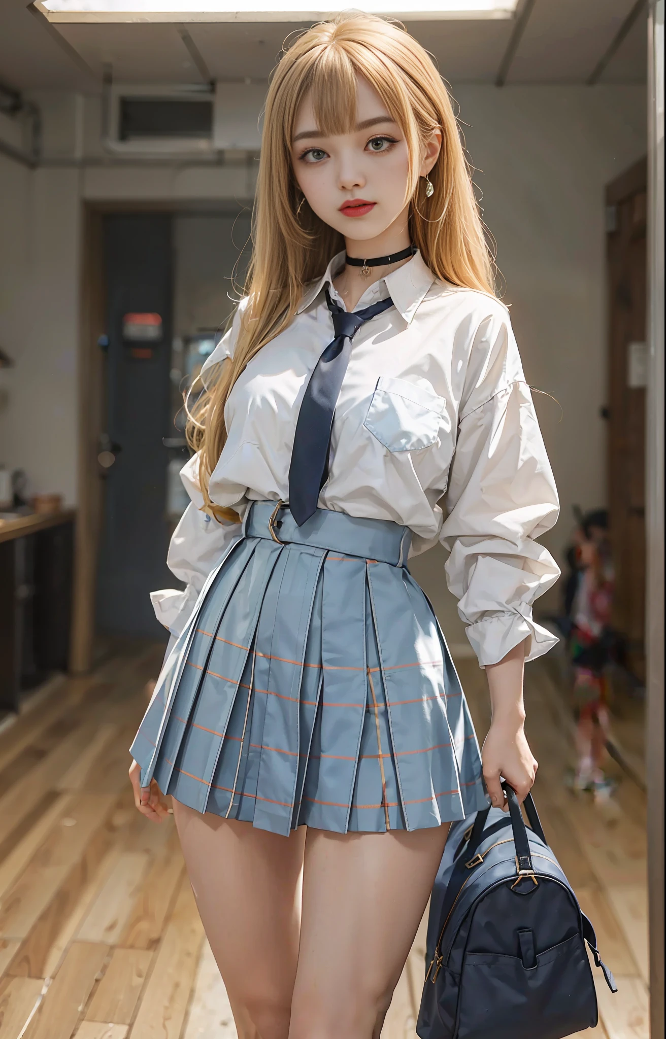 Kitagawa Marin, orange eyes, (1 girl: 1.4) (normal head-to-body ratio: 1.4) (tall long legs: 0.9)
(school uniform), (light blue tie), (blue plaid pattern skirt 1.3), brown leather shoes, (white short socks), blush
(Black choker collar: 0.8) Maiden standing
Blonde/yellow hair, oblique bangs, 8-point bangs, (long eyebrows: 0.9), (red lips: 0.5)
To waist-length hair, long hair, spread hair, full body, smile
earring
(Nail art: 0.5)
, ESFP-A personality type
(25-year-old girl: 0.4)
(Extrovert: 0.9)
assertive
Have one's head in the clouds
daring
Happy