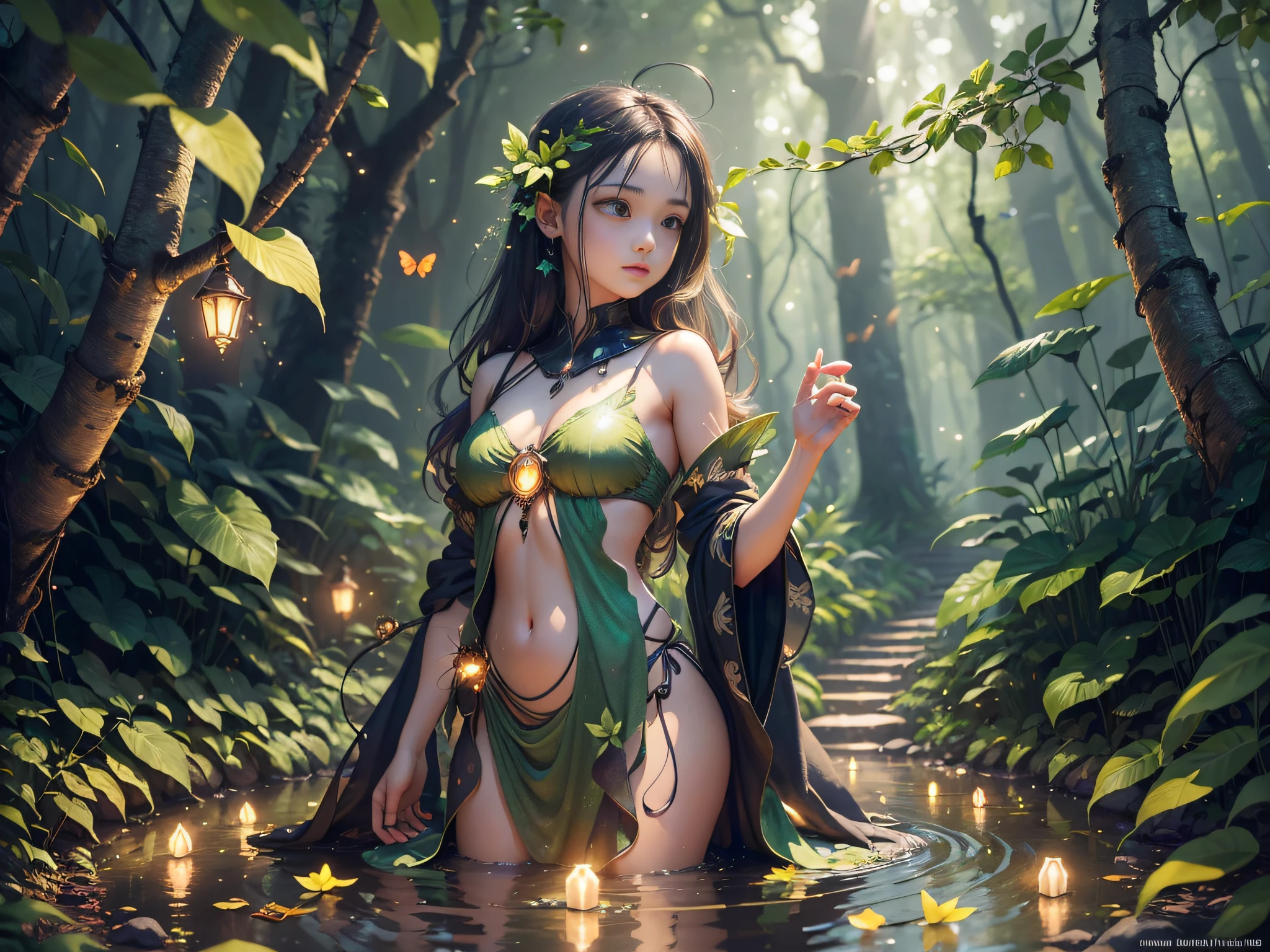 Masterpiece, best quality, extremely beautiful reflection, best reflection. (Very detailed CG unity 8k wallpaper), (best quality), (best illustration), (best shadow), girl, silk, slime, delicate makeup, medium, standing, sexy, fair thighs, forest theme with natural elements. Tall trees, quiet streams, glowing small mushrooms, surrounded by delicate leaves and branches, and fireflies and glowing particle effects, (natural elements), (jungle theme), (leaves), (branches), (fireflies), butterflies, (delicate leaves), (glow), (particle effects). , isometric 3D, Octane rendering, ray tracing, super detailed