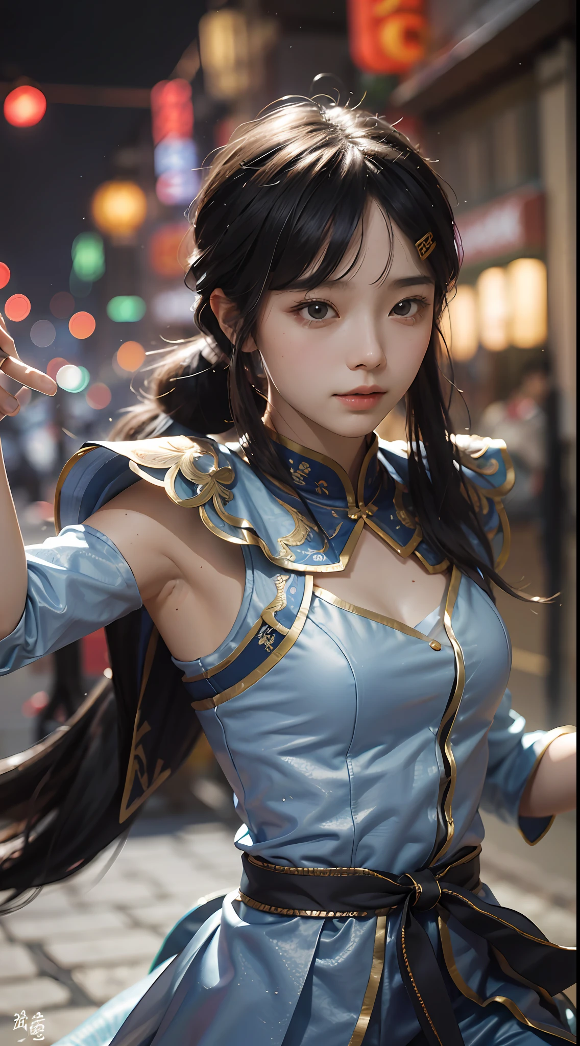 (best-quality:0.8), (best-quality:0.8), 完美的动漫插画，极度特写的美女穿城而过 大胸A super beautiful teenage girl, Chinese armor,
handheld giant knife, Night street scene in the
ancient Chinese city of Chang'an, rain, black myth,
Martial arts style, movie moment, movie lighting,
epic sense, spectacular, realistic, realistic, super
detailed, painter Yang Qi, Positive perspective, super
detail, 8k