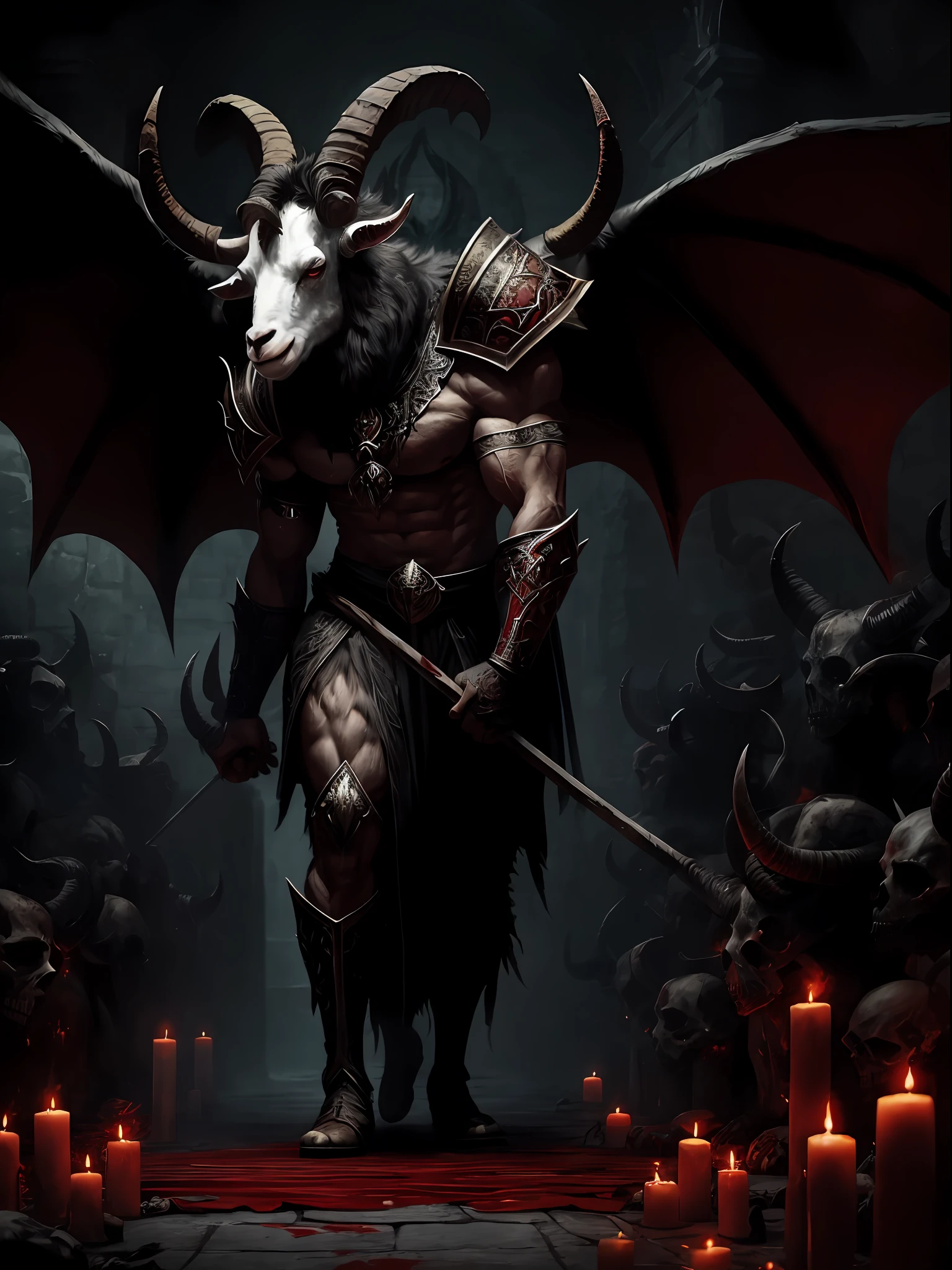 a goat headed demon with big horns, strong beefy upper body, demon skins, furs, ((claws, wings)), demonic armor, blood splatters, skulls on the floor, standing on a blood ritual , medieval, dark room, dim light, masterpiece, realistic, oil painting