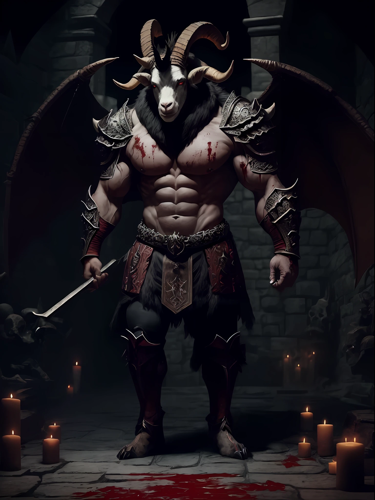 a goat headed demon with big horns, strong beefy upper body, demon skins, furs, ((claws, wings)), demonic armor, blood splatters, skulls on the floor, standing on a blood ritual , medieval, dark room, dim light, masterpiece, realistic, oil painting