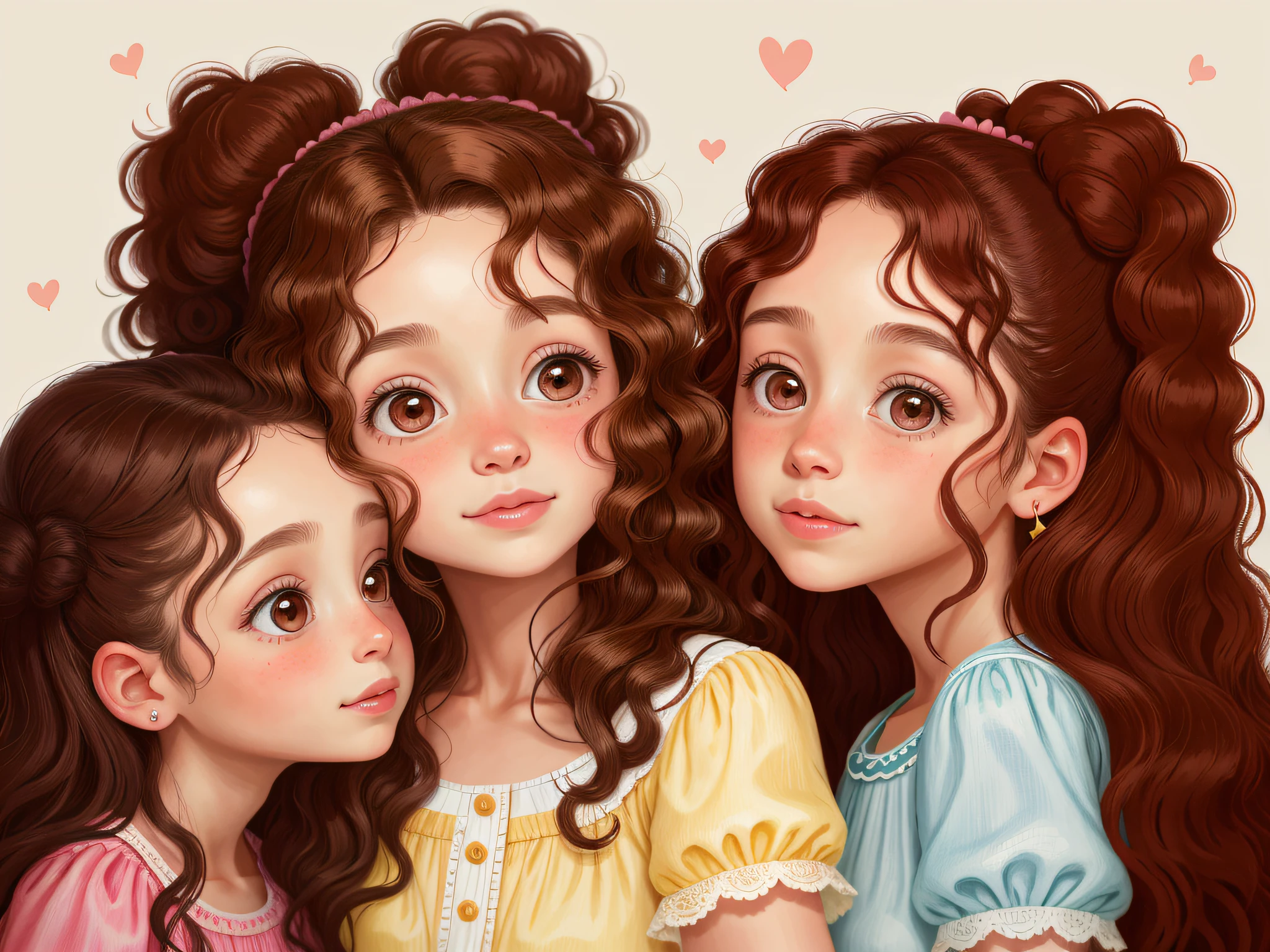 Two twin girls curly brown hair, Livia kisses her mother on the right cheek and Lavinia kisses her mother on the right cheek both at the same time.