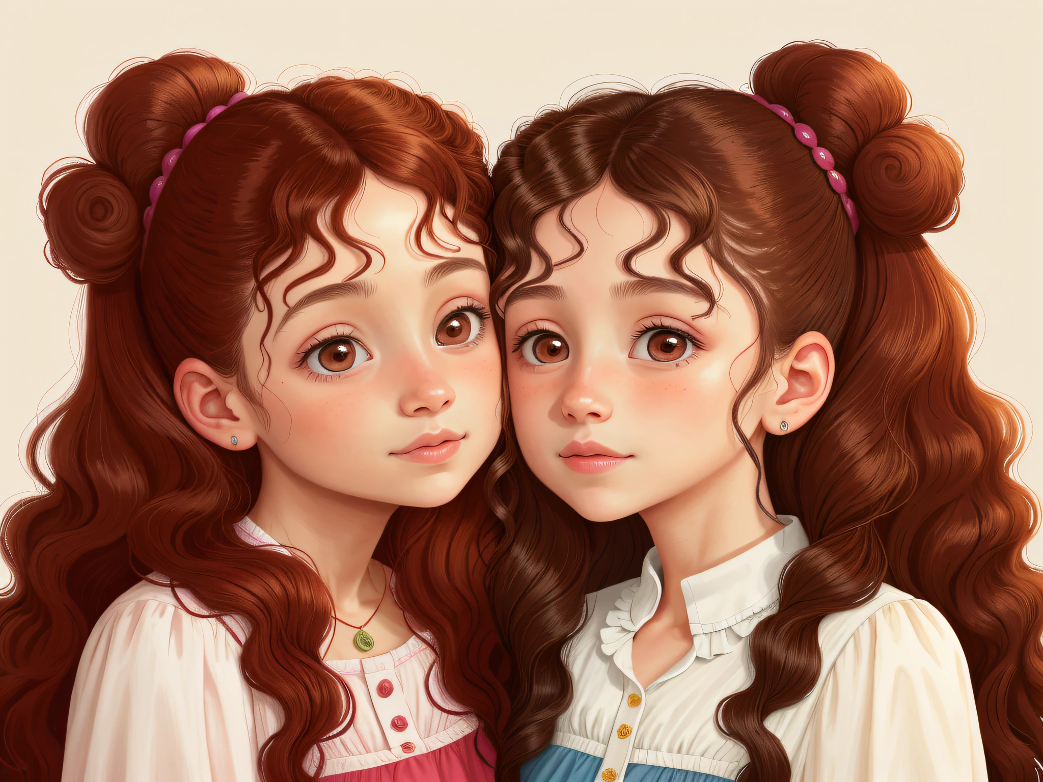 Two twin girls curly brown hair, Livia kisses her mother on the right cheek and Lavinia kisses her mother on the right cheek both at the same time.