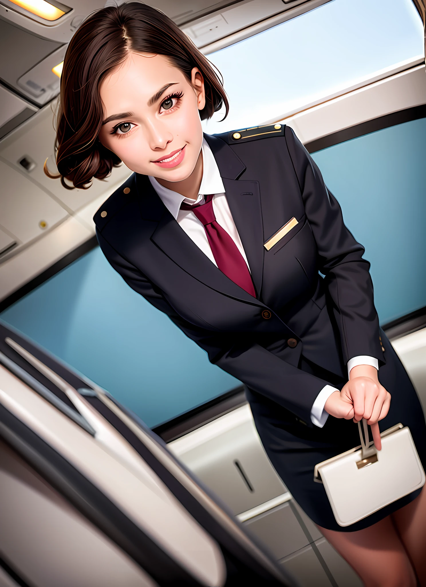 ultra realistic photograph, RAW professional photograph, 1girl, 23yo, flight attendant, brown hair, standing, elegant vintage stewardess uniform, slim, hazel eyes, beaming smile, inside a commercial airliner, jacket, looking at viewer, necktie, short hair, skirt, solo