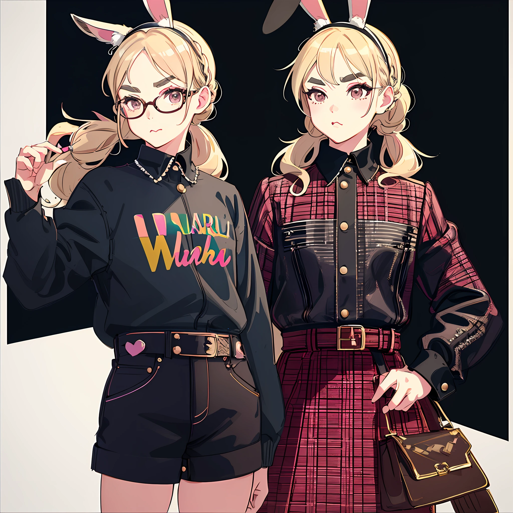 Andy Warhol, small, female brat, thick eyebrows, thin waist, pigtails, beautiful blonde, braid, rabbit ears, (masterpiece), ((best quality)), (super detailed), girl, clean and detailed face, five fingers, textile shading, perfect human structure, perfect anatomy,