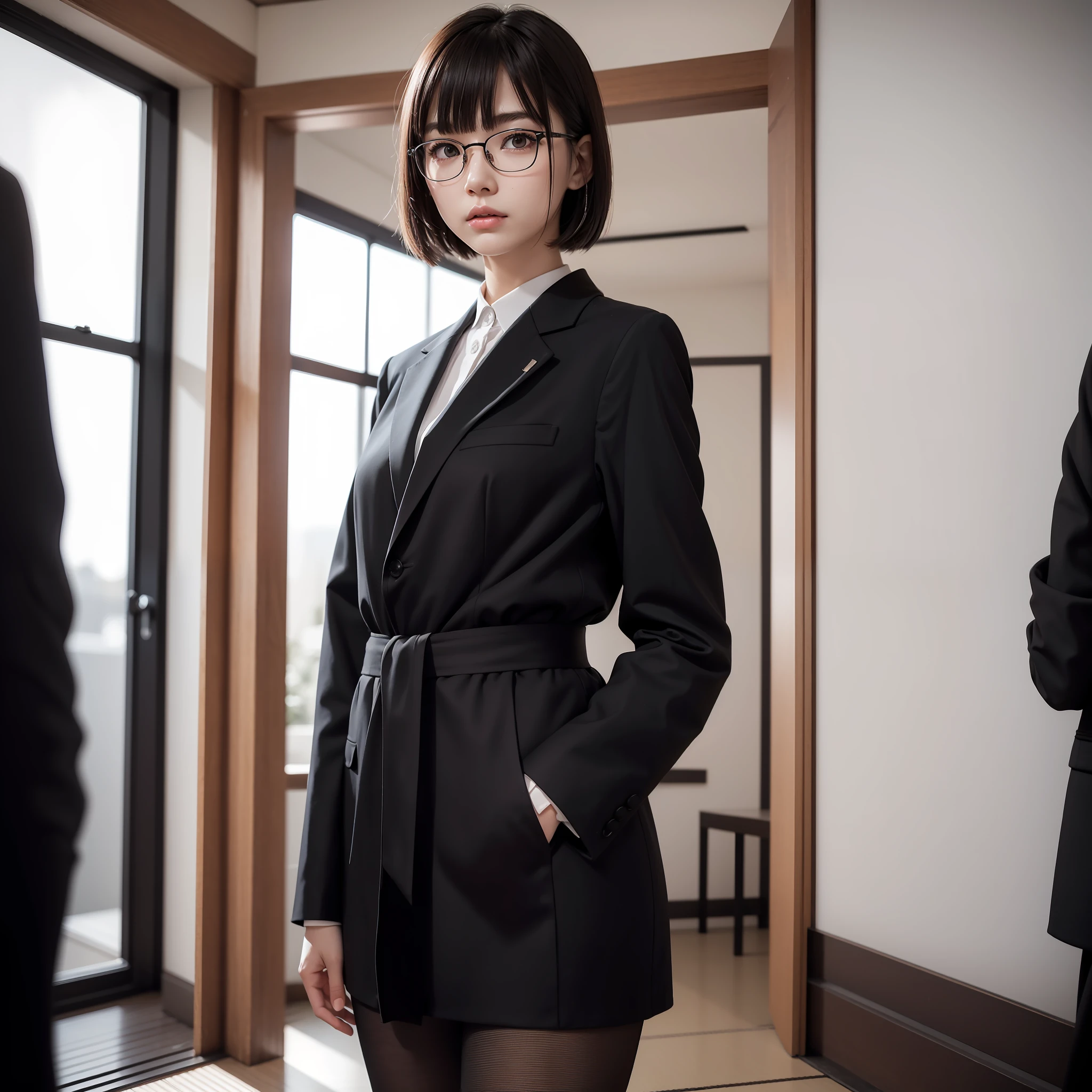 Absolutely 1 Woman,1 Girl,Alone,Solo,Standing,Spread Knees,Raw Photo, Candid, Narrow Eyes,Full Body,Black Pantyhose,Textured Skin,,OL,Suit,Bangs About Eyebrows,Shotcut,Looking at Viewer,Raw Photo,Pale Skin, Japan People, Glasses, Small, Young, Tall, Dark Expression, Bright Black Eyes, Anger, Slender Body, Medium Build, Small Waist, Wide Thighs , Photorealistic, Best Quality, 8K, Masterpiece